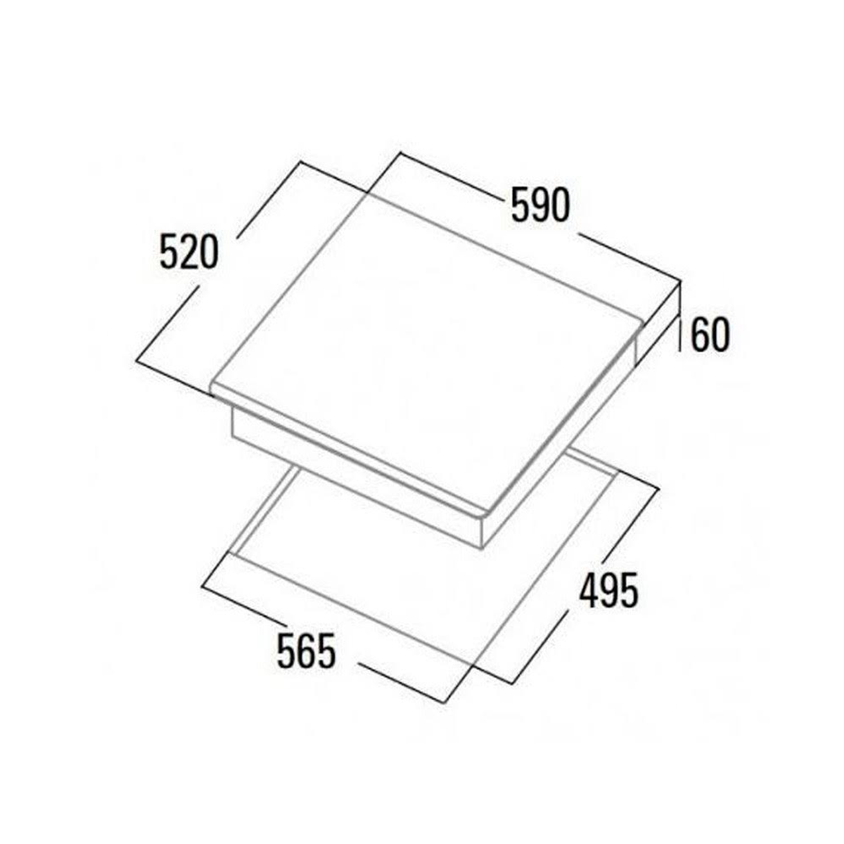 Vista isométrica de una placa de cocina negra con dimensiones en blanco. Fondo blanco.