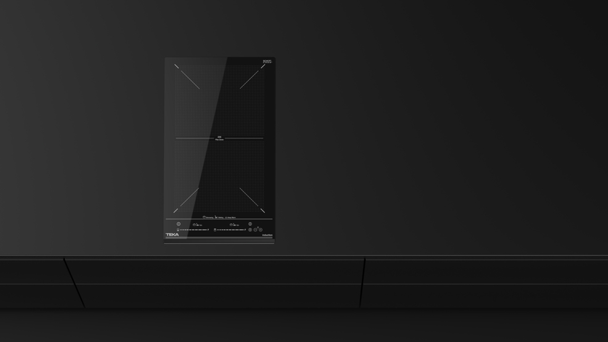Czarna płyta indukcyjna na czarnej powierzchni. Szklana płyta grzewcza z dwoma strefami gotowania.