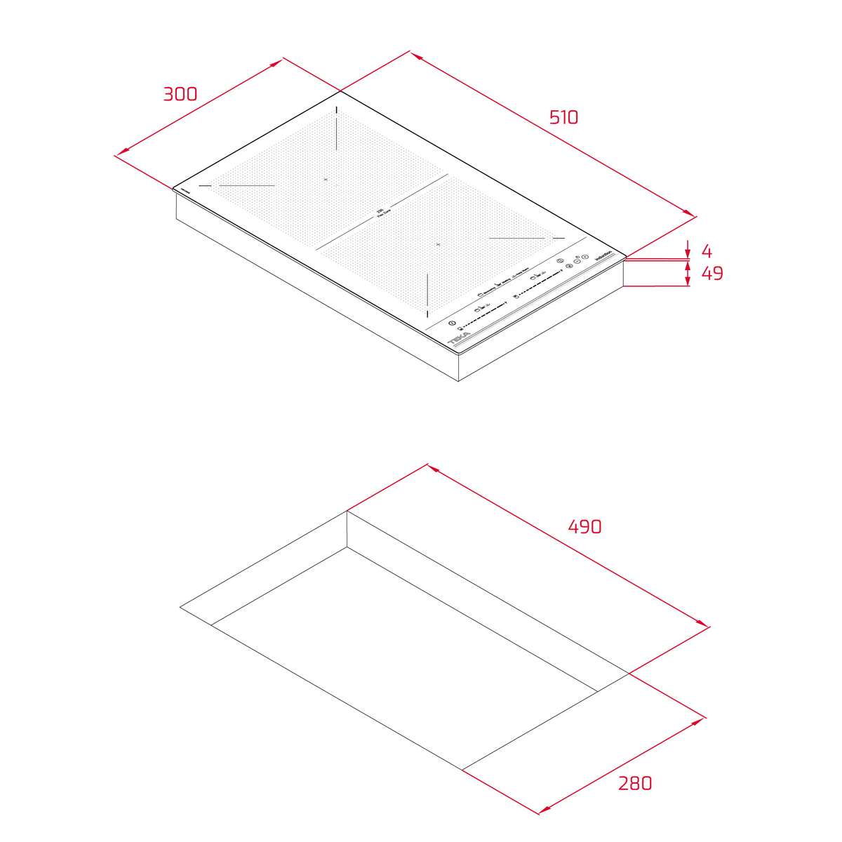 Widok z góry płyty indukcyjnej z wymiarami w mm.