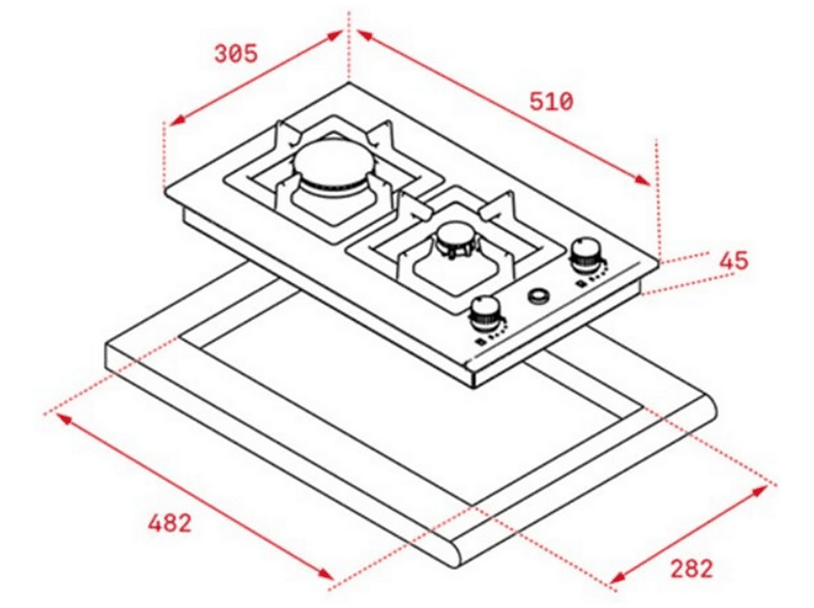Szkic przedstawiający płytę grzewczą z dwoma palnikami i wymiarami. Płyta znajduje się na ramie.