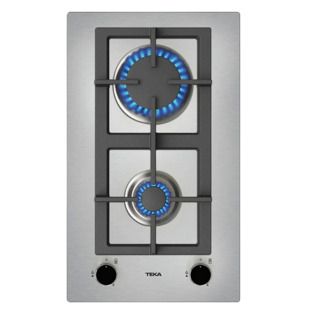 Gazowa płyta ze stali nierdzewnej z dwoma palnikami, każdy z niebieskim płomieniem. Czarne kratki i pokrętła.
