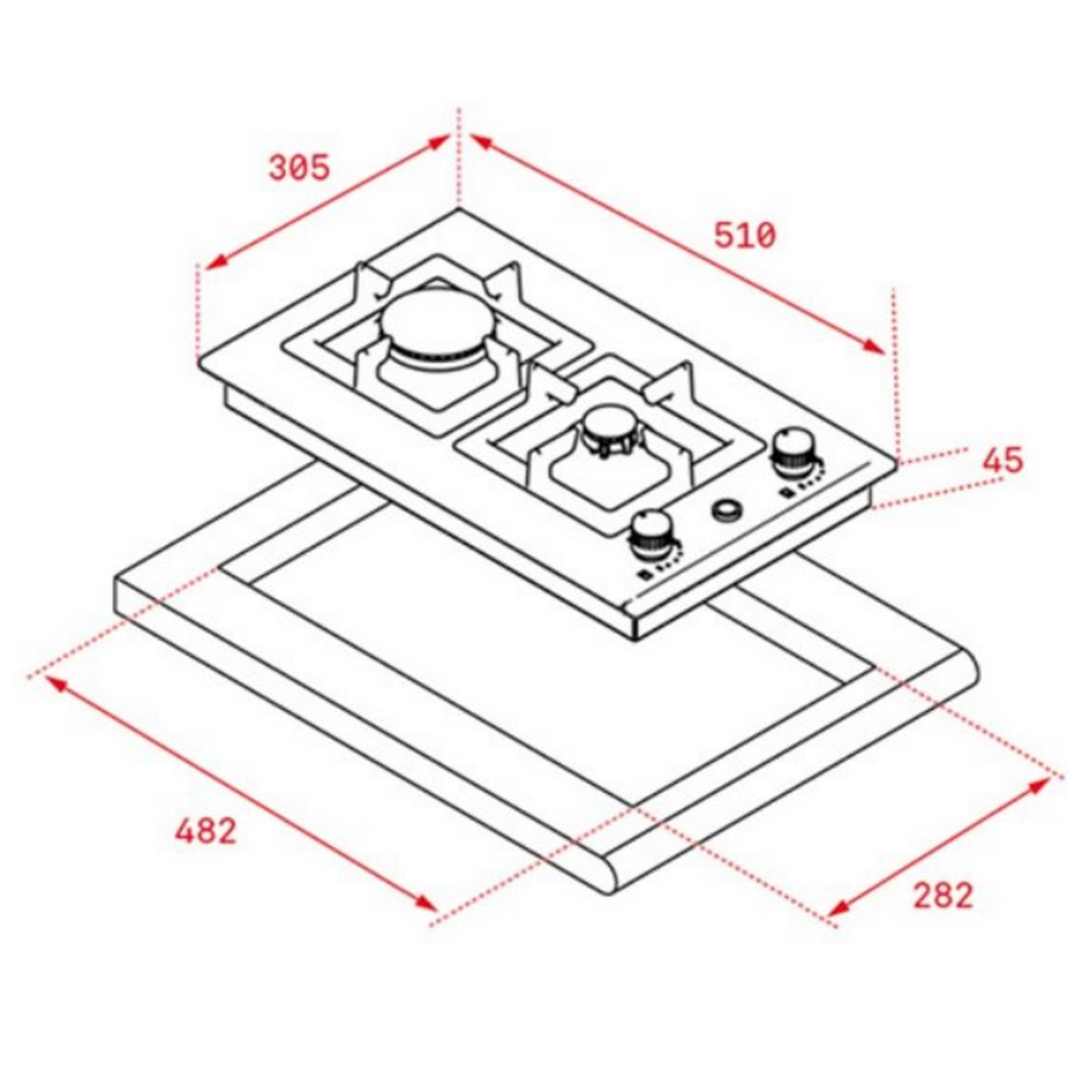 Rysunek izometryczny płyty gazowej z wymiarami. Widoczne dwa palniki i pokrętła sterowania.