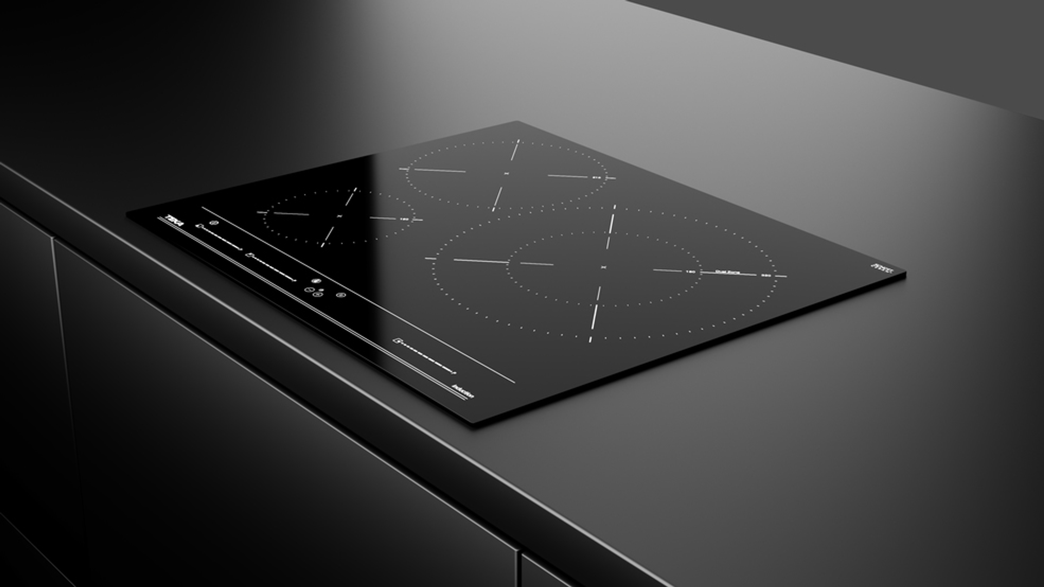 Czarna płyta indukcyjna na czarnej powierzchni. Posiada cztery pola grzewcze i panel sterowania.