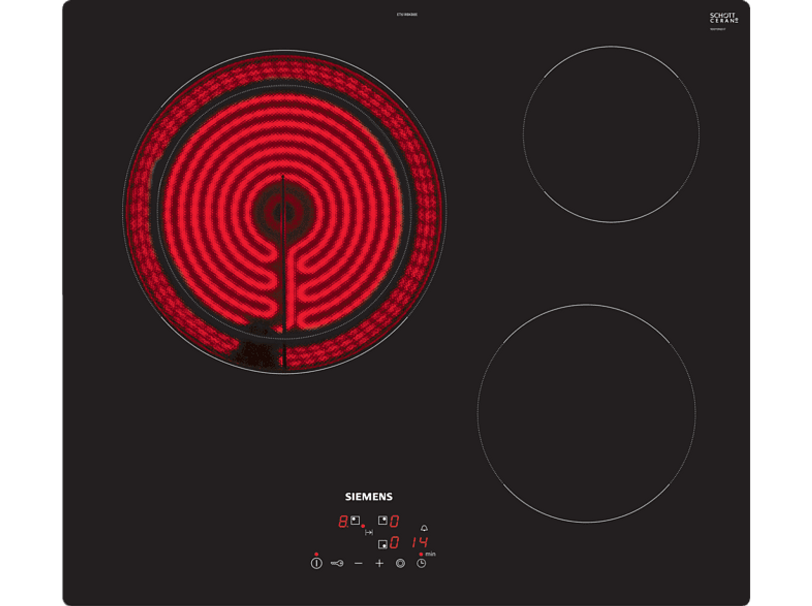 Czarna płyta grzejna z trzema pierścieniami grzewczymi. Jeden pierścień jest czerwony i gorący.