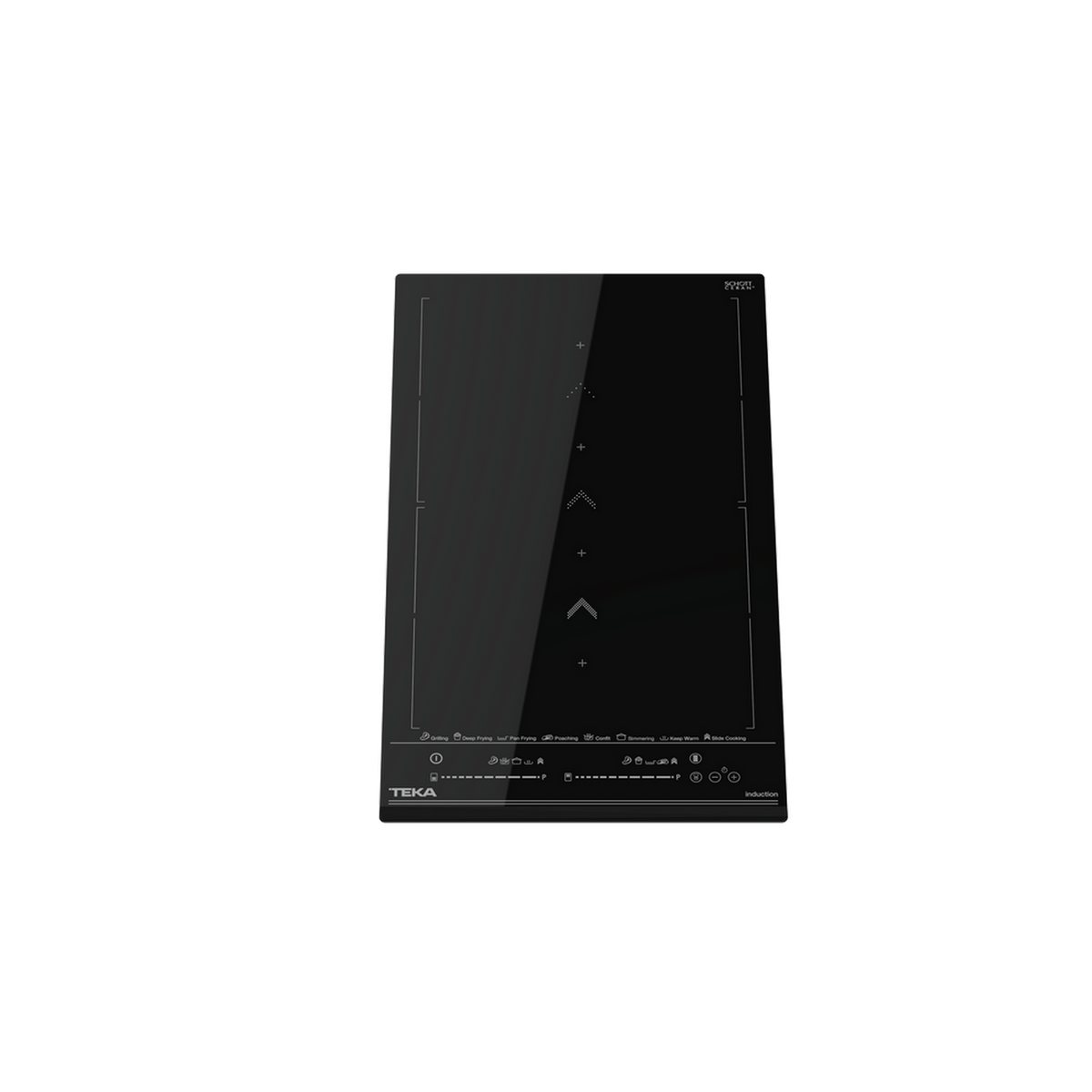 Placa de inducción Teka negra con controles táctiles, sobre fondo negro.