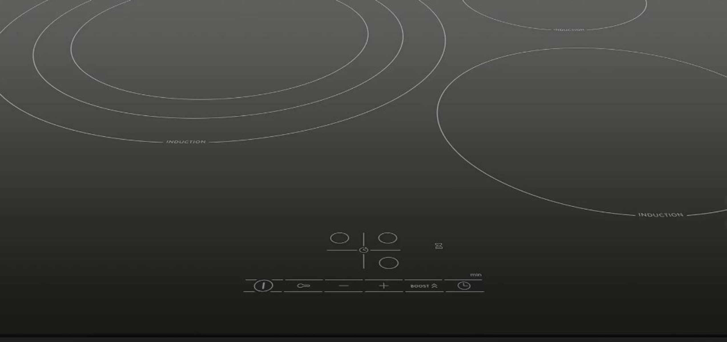 Zbliżenie czarnej płyty indukcyjnej z elementami sterowania dotykowego i oznaczeniami indukcji.