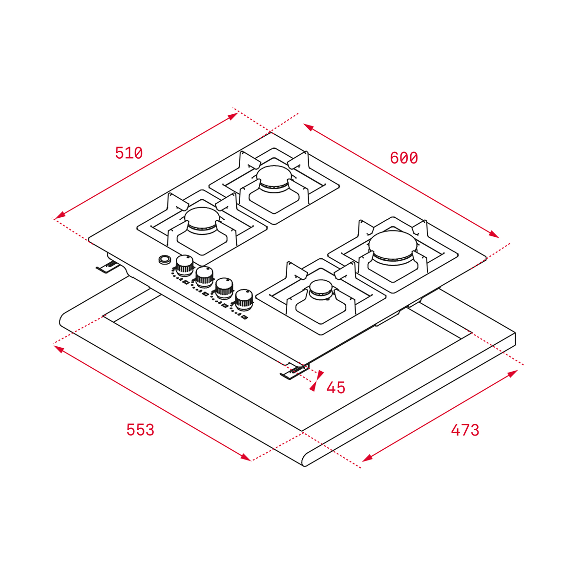 Diagrama de una placa de gas. Muestra dimensiones 510x600x473mm, con mandos.