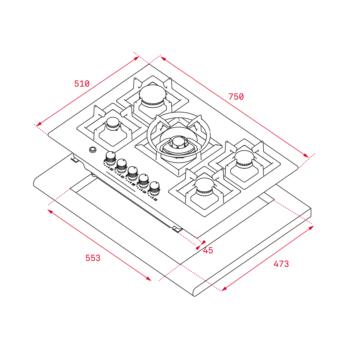 Płyta gazowa z wymiarami oznaczonymi na czerwono.