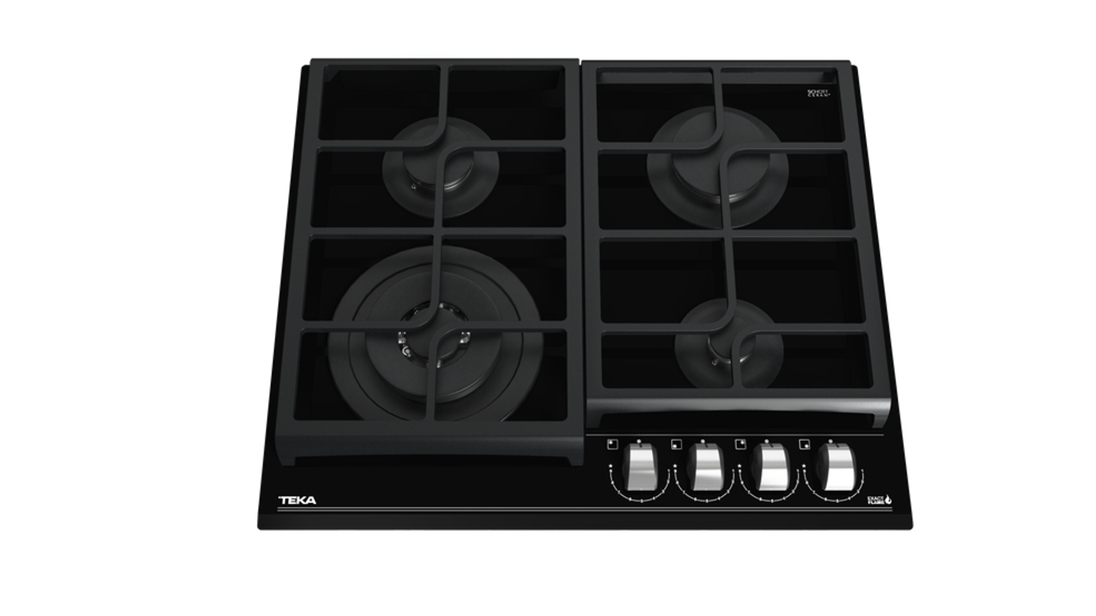 Czarna płyta grzewcza ze szkła z czterema palnikami i srebrnymi pokrętłami. Widoczna marka TEKA.