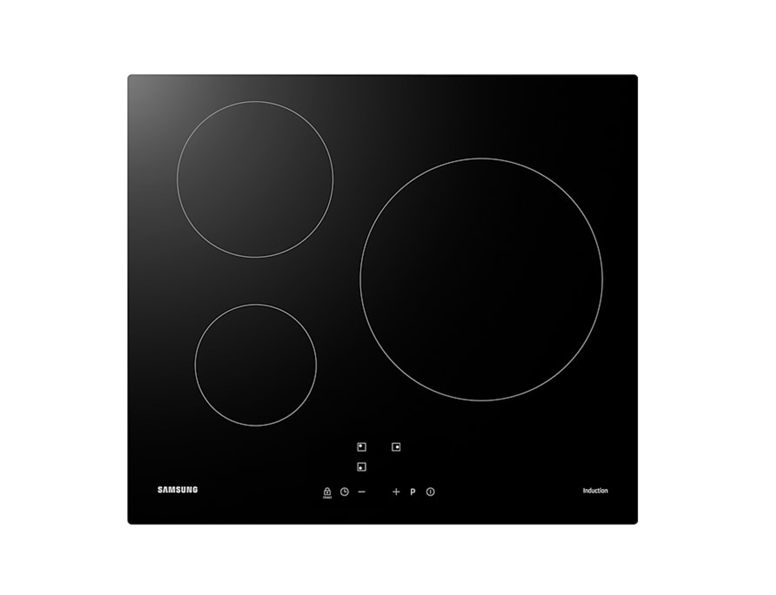 Black induction cooktop with three cooking zones and controls.