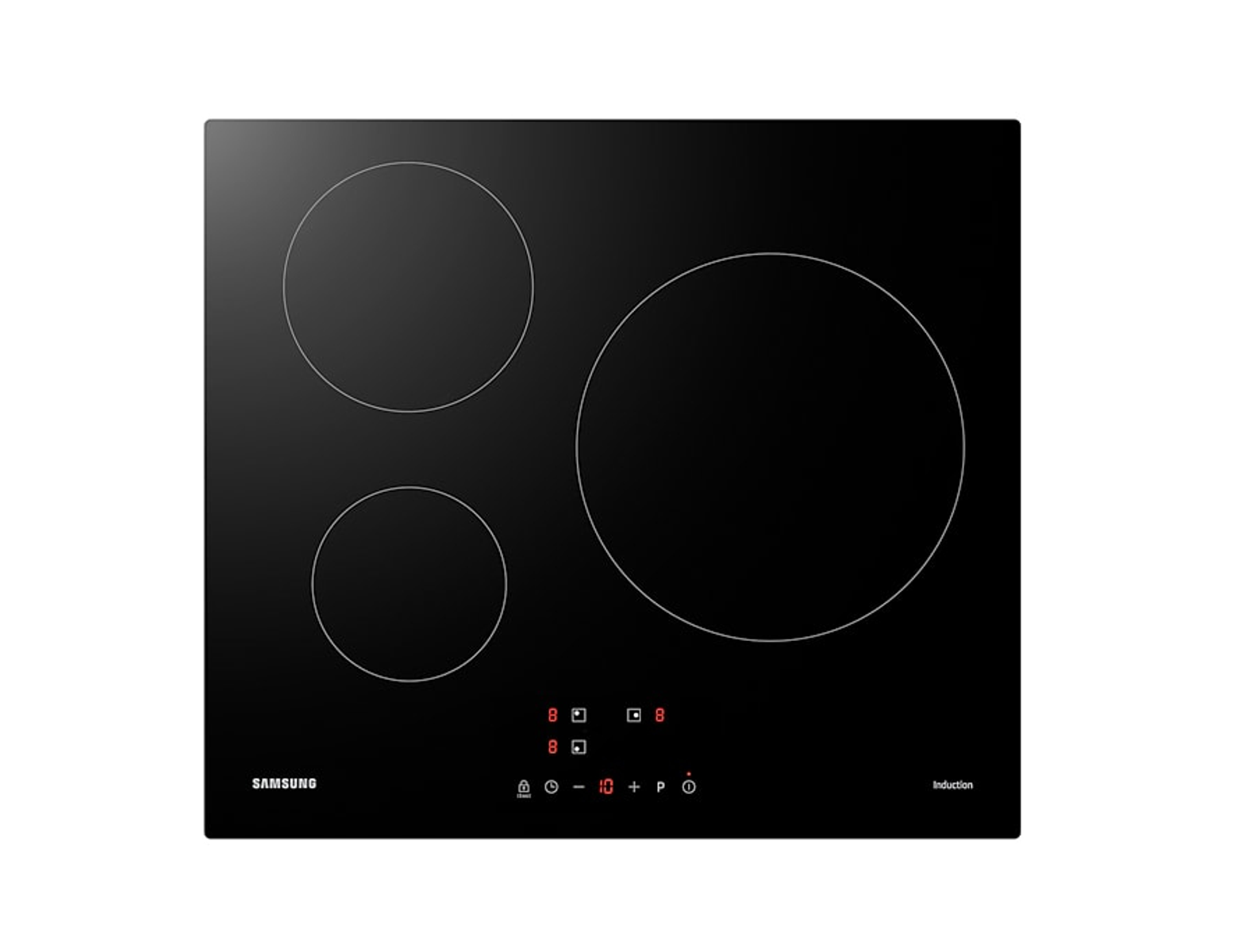 Black induction cooktop with three circular burners and touch controls.