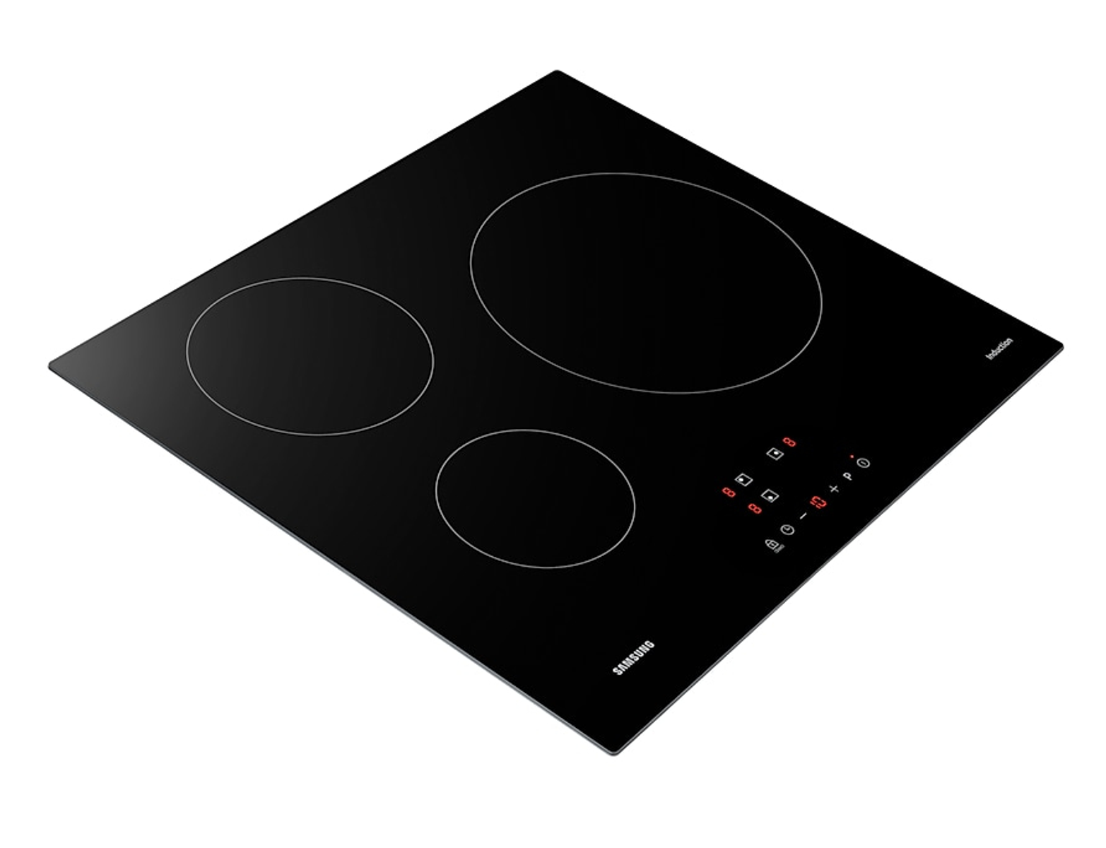 Black induction hob with three cooking zones. It has touch controls and the Samsung logo.