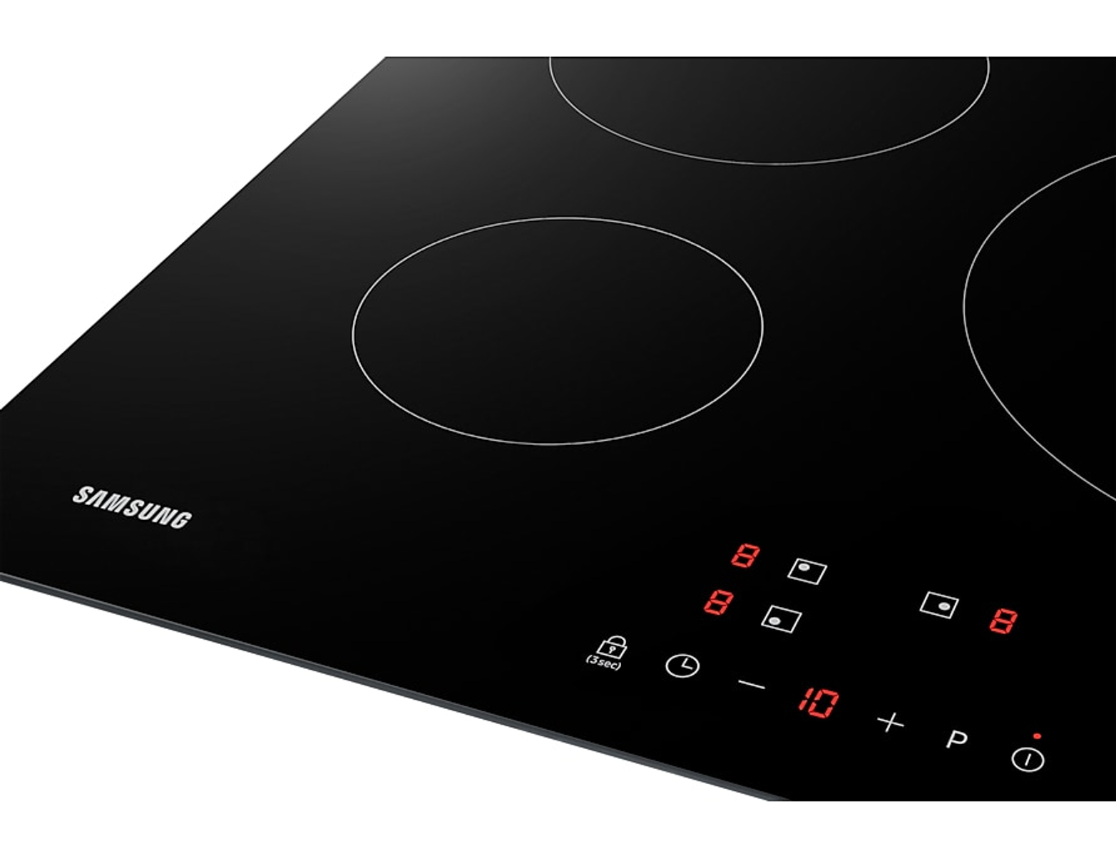 Close-up of a black Samsung induction cooktop with four cooking zones and a digital control panel.