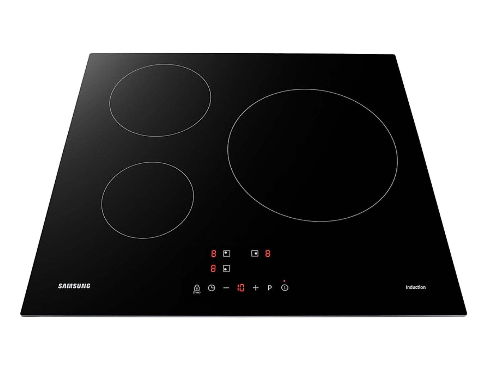 Black Samsung induction cooktop with three circular heating elements and digital controls.