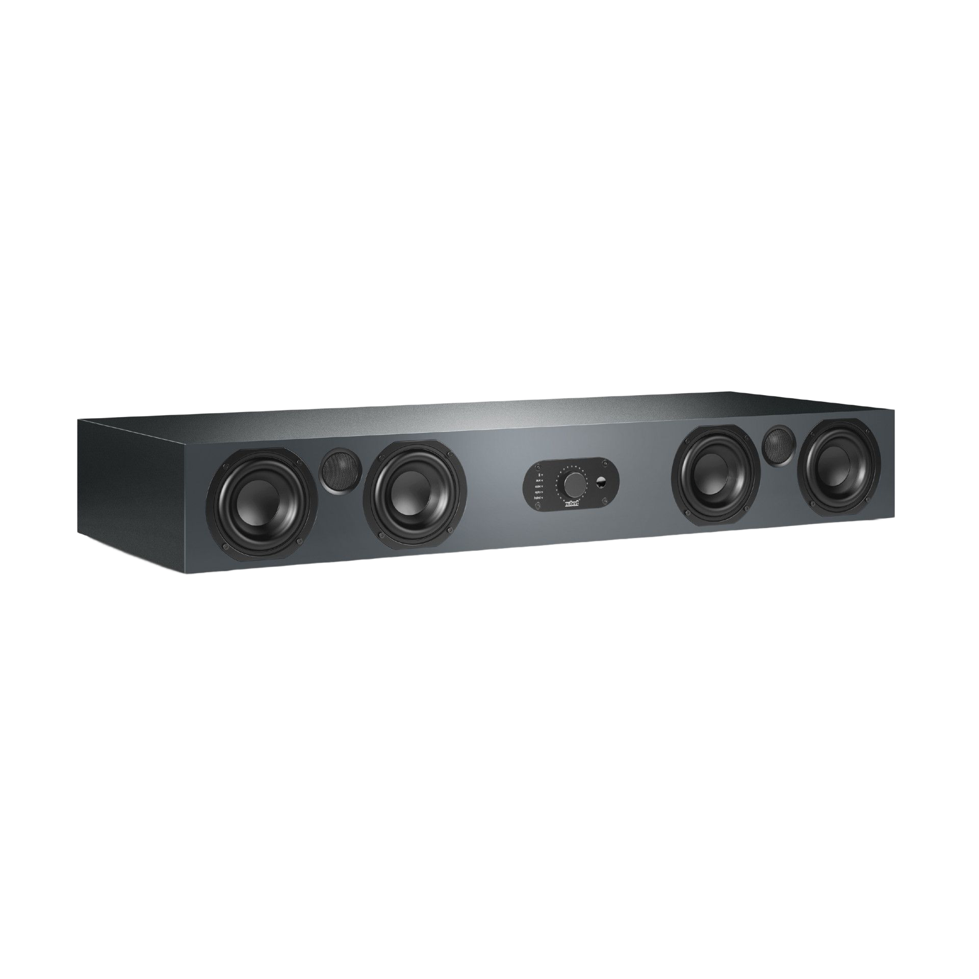 Dunkelgraue Soundbar mit mehreren Lautsprechern, einem Bedienfeld, auf schwarzem Hintergrund.