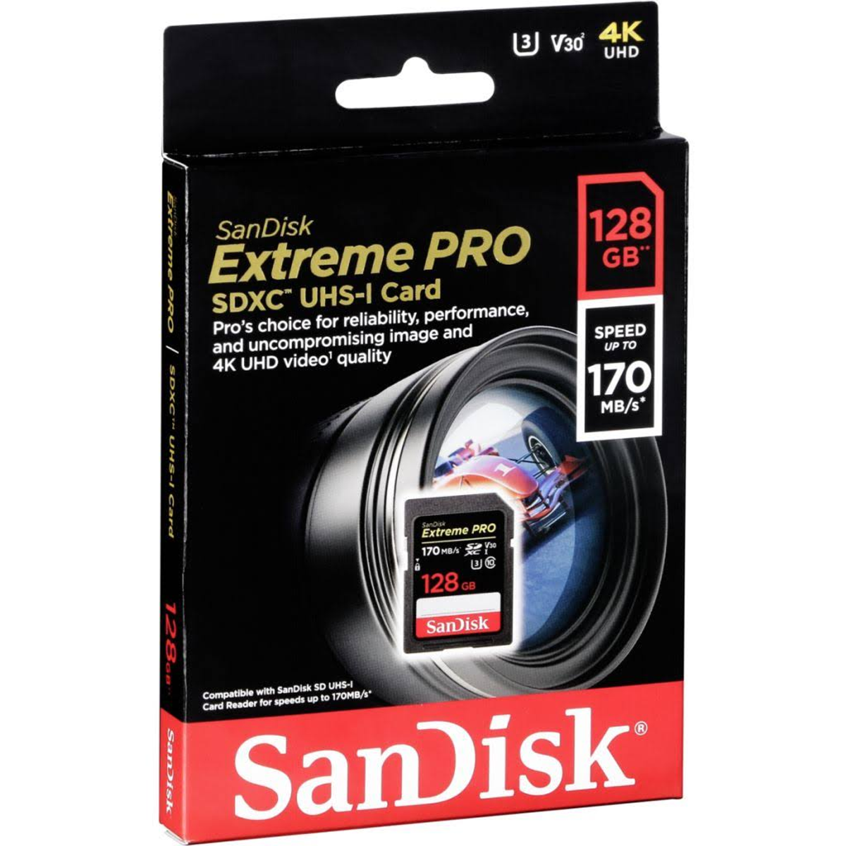 Pudełko karty SanDisk Extreme PRO SDXC UHS-I z kartą, tekstem i obrazem obiektywu aparatu.