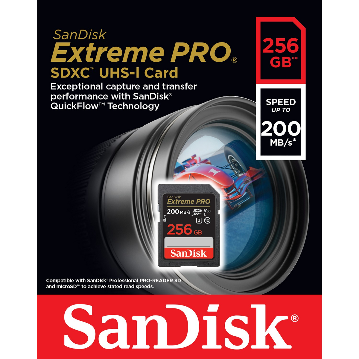 Karta SD SanDisk Extreme Pro 256 GB, obiektyw aparatu i czerwony samochód wyścigowy.