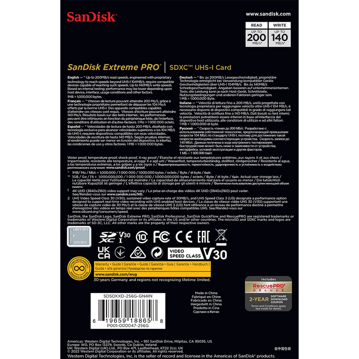 Zbliżenie karty Sandisk Extreme Pro SDXC UHS-I i jej informacji.