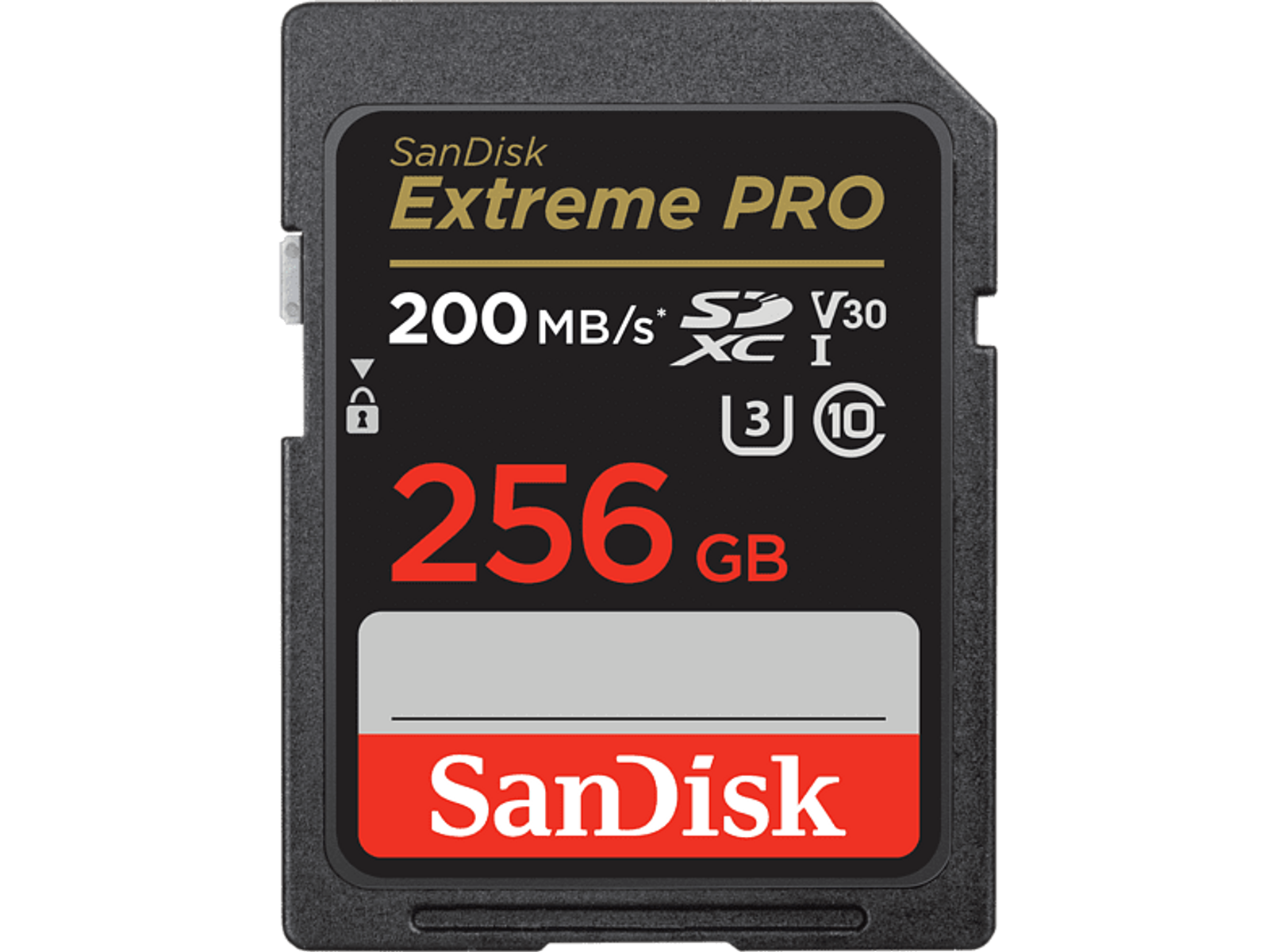 Zbliżenie czarnej karty SD SanDisk Extreme Pro z tekstem i cyframi na białym tle.