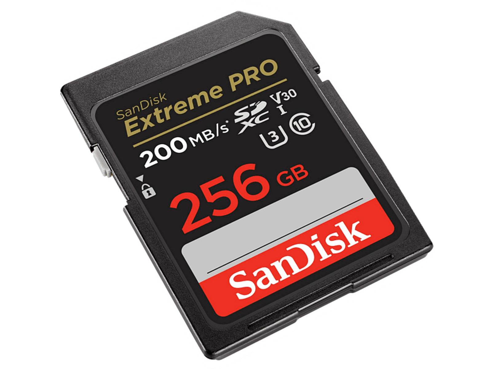 Czarna i czerwona karta SD SanDisk Extreme PRO o pojemności 256 GB.