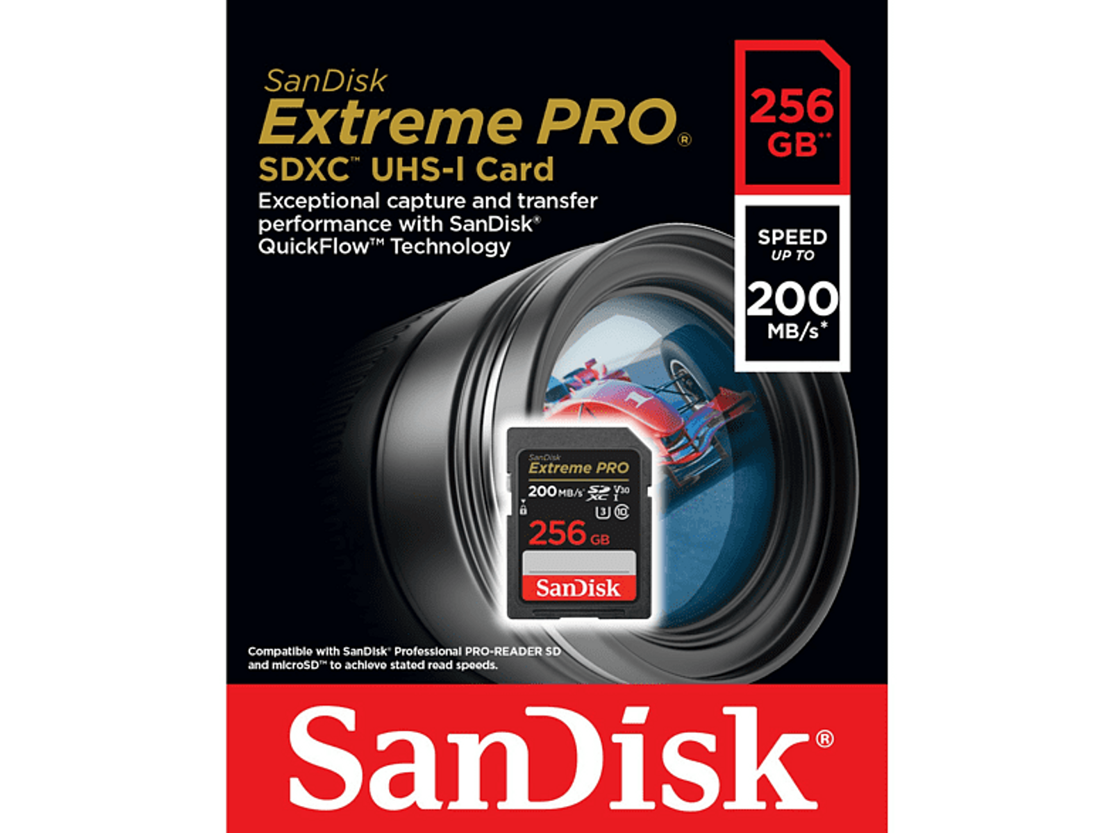 Karta SD z obiektywem i czerwonym pudełkiem z tekstem. Tło z aparatem i tekstem.