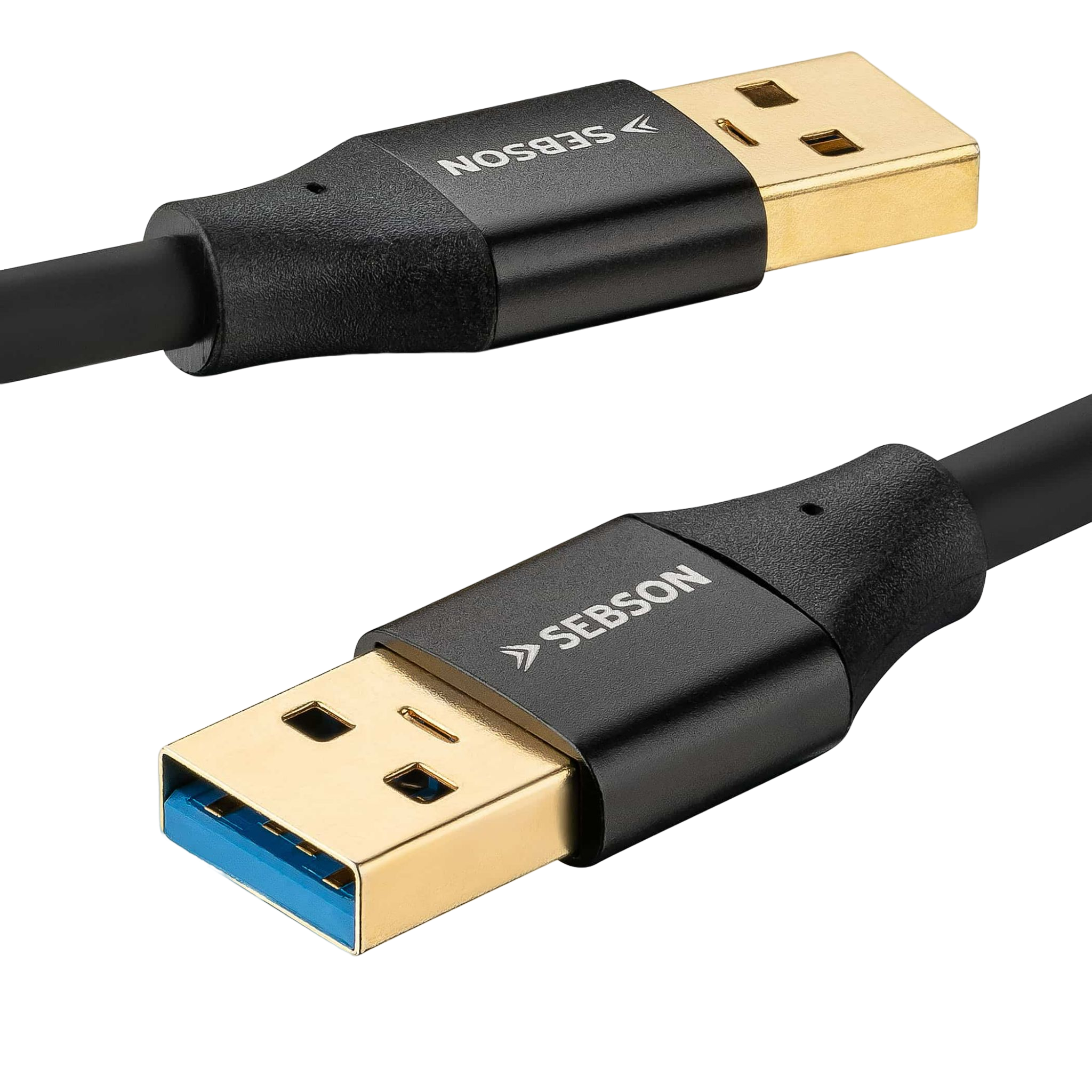Schwarze USB-Kabel mit Goldanschlüssen. Das Logo Sebsons ist auf dem Kabel sichtbar.