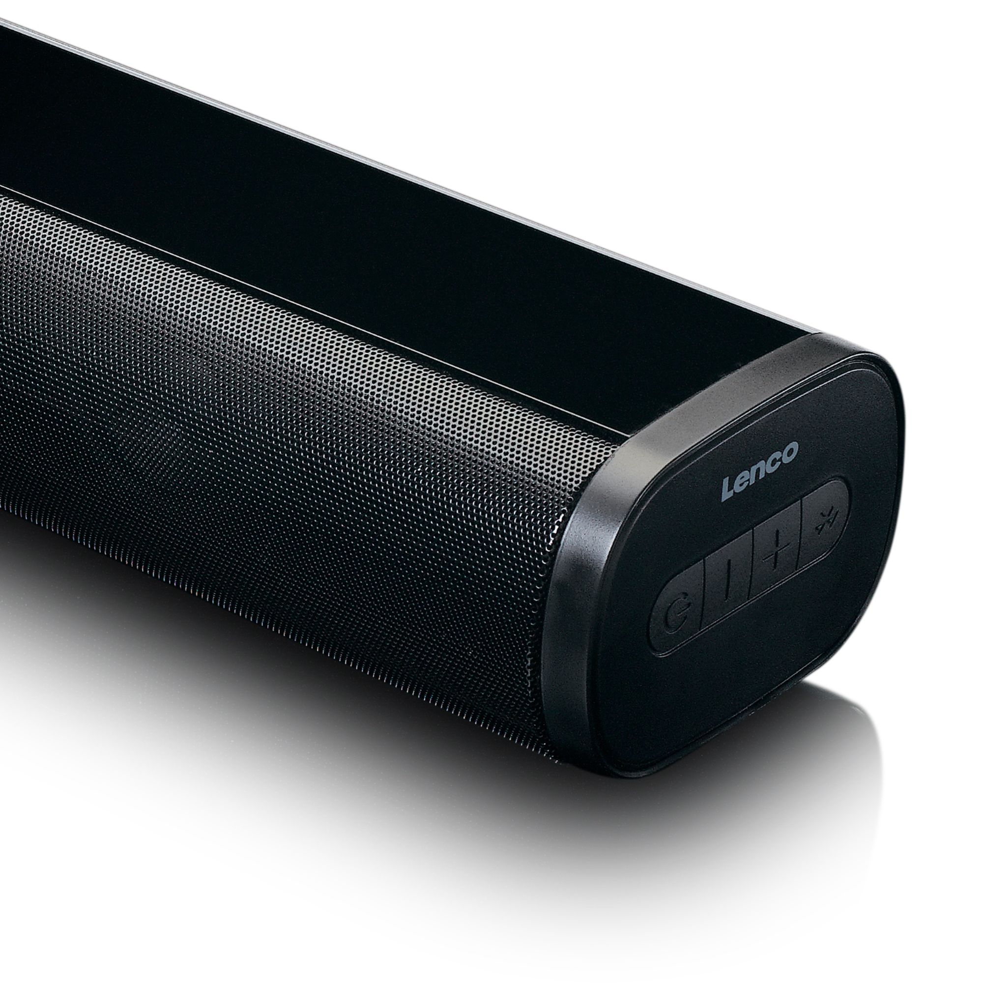 Una soundbar Lenco nera con griglia dell'altoparlante e pulsanti di controllo, su una superficie bianca.