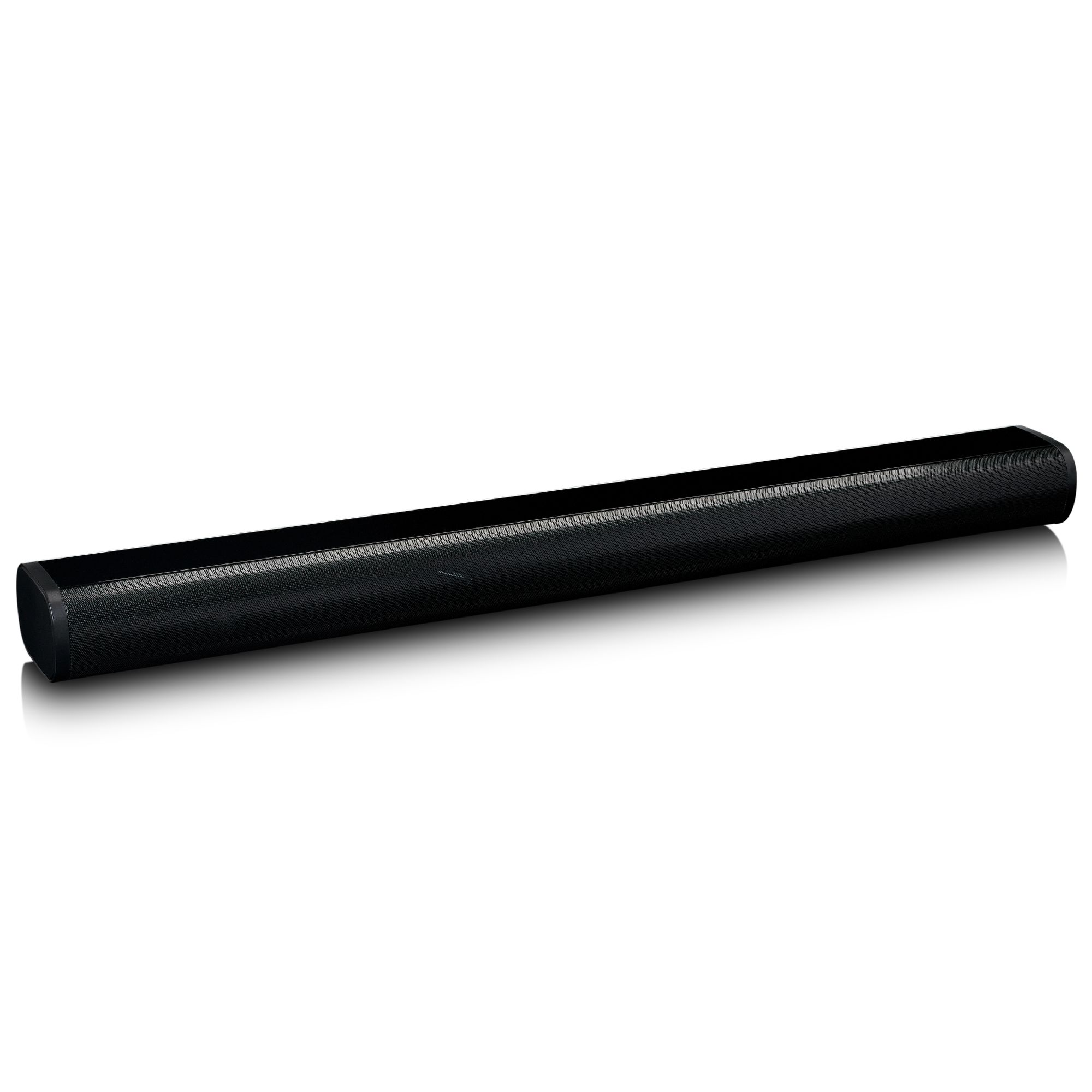 Soundbar nera su sfondo bianco. L'altoparlante è cilindrico con frontale a rete.