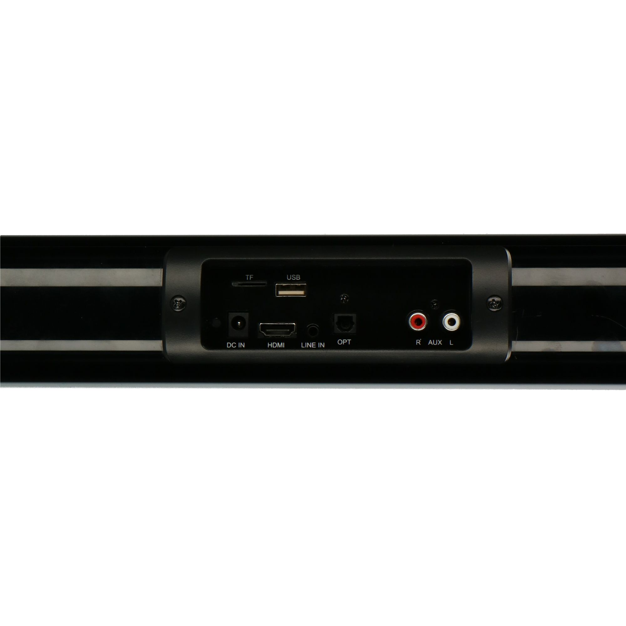 Primo piano del pannello posteriore di una soundbar nera. Ha varie porte tra cui HDMI, AUX e USB.