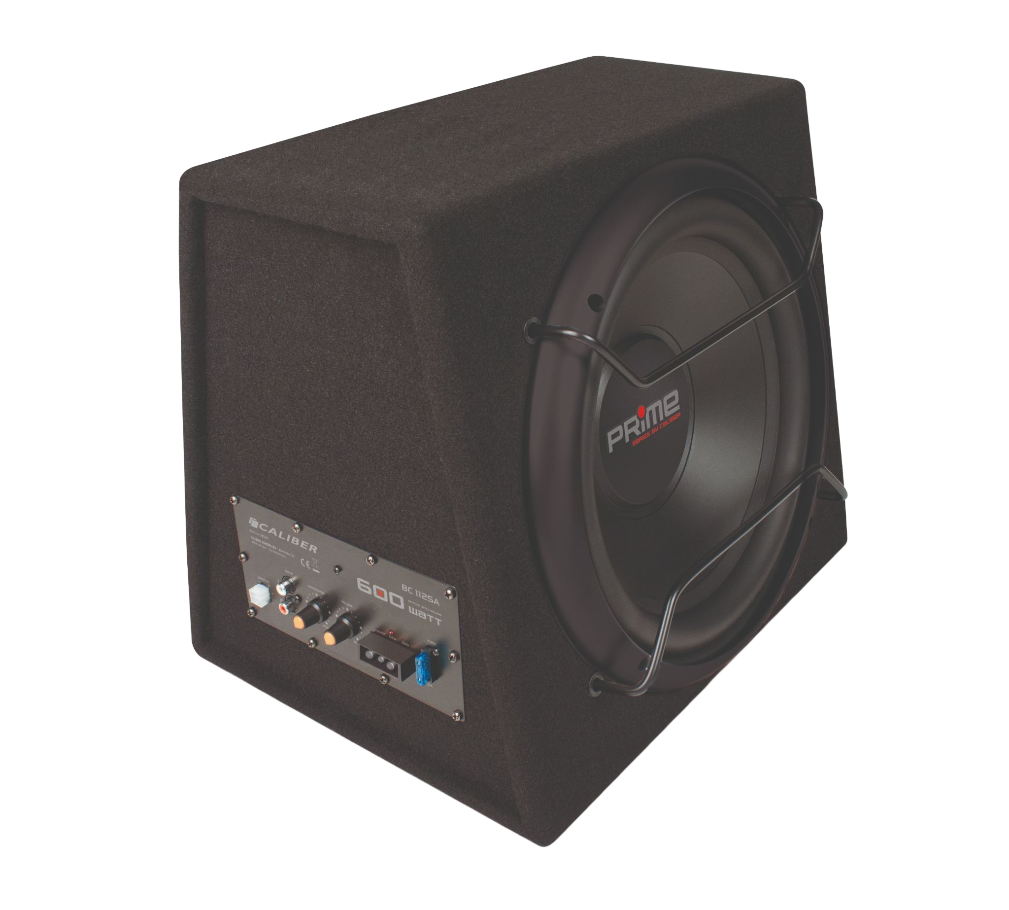 Schwarzer Subwoofer mit Metallgitter, Bedienfeld und Schaumstoff außen auf dunklem Hintergrund.