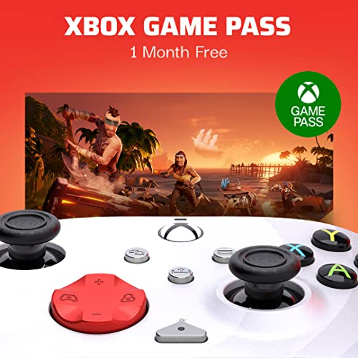Kontroler Xbox z wizualizacjami gier i logo Xbox Game Pass.