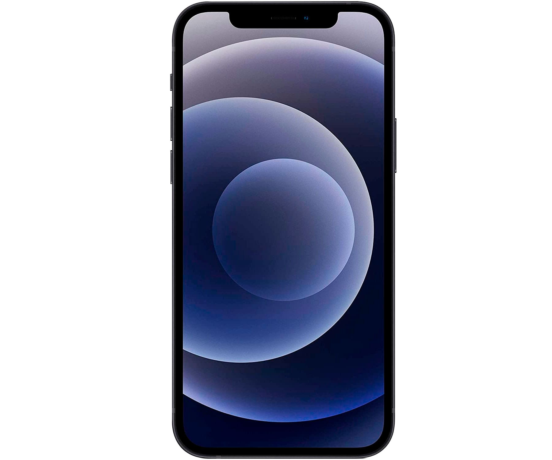 Czarny iPhone z niebiesko-fioletowym abstrakcyjnym tłem na ekranie.