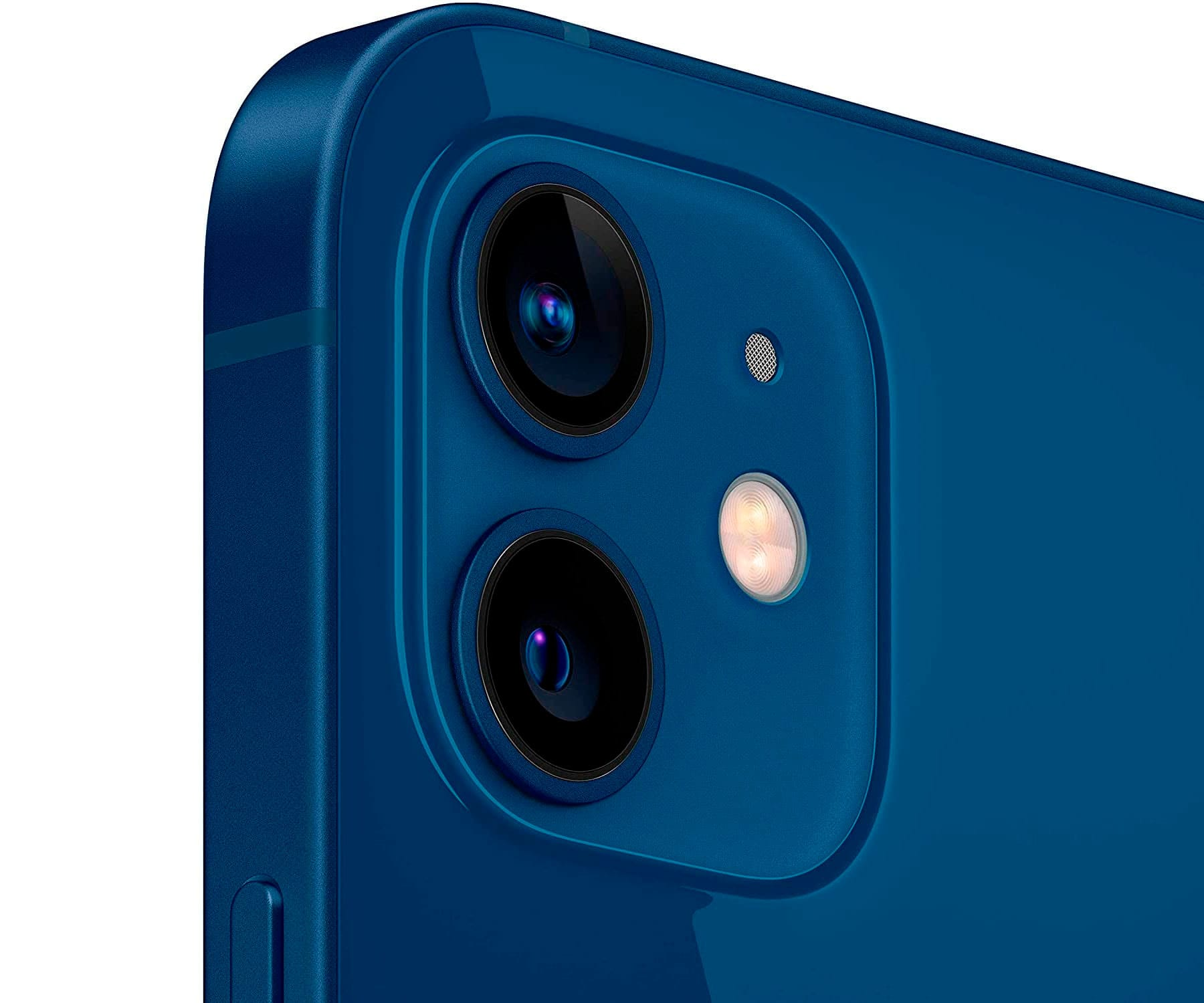 Zbliżenie modułu kamery tylnej niebieskiego iPhone'a z dwoma obiektywami i lampą.
