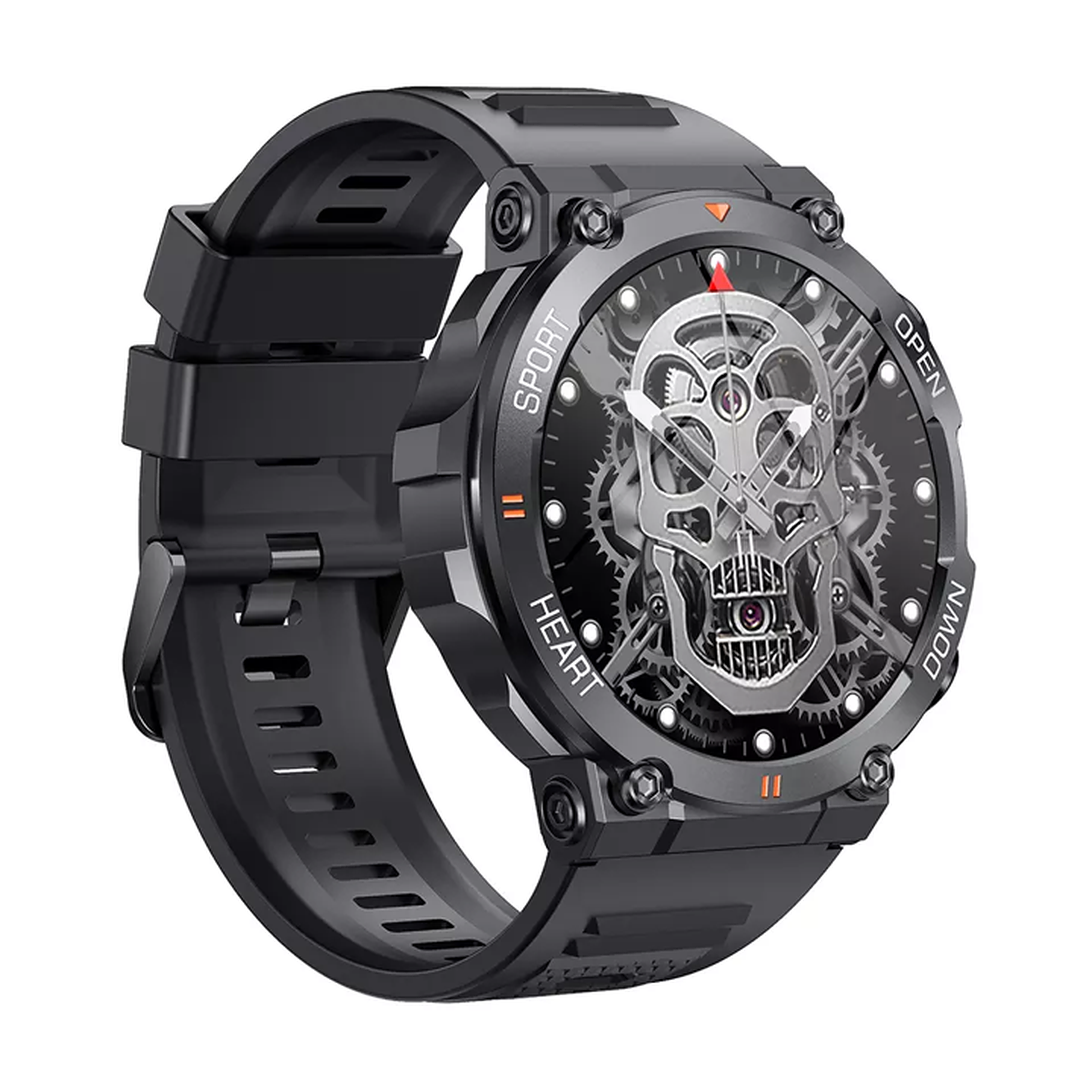 Schwarze Smartwatch mit Totenkopf-Design auf dem Bildschirm, schwarzem Armband und schwarzer Lünette.