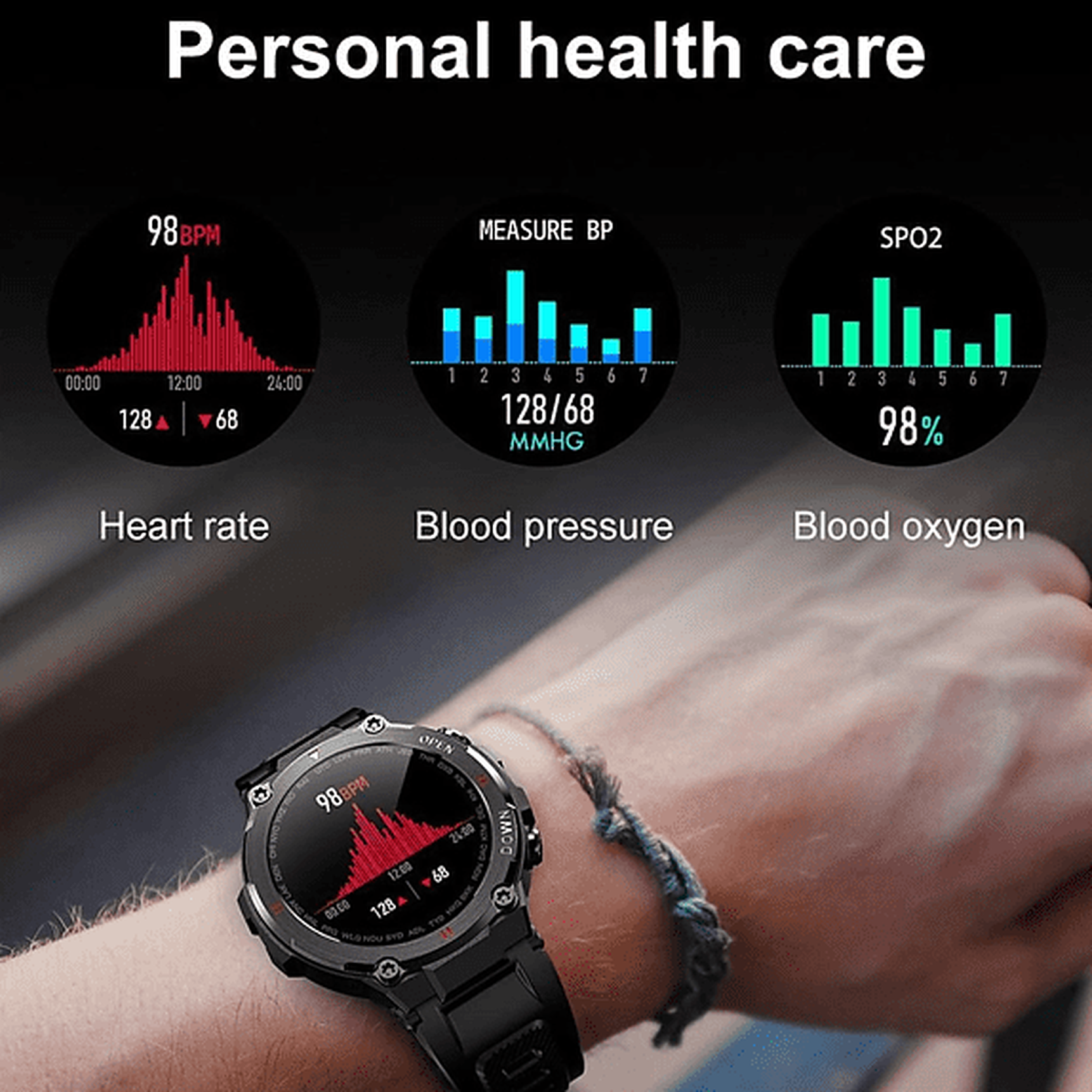 Eine Smartwatch zeigt Gesundheitsmetriken an: Herzfrequenz, Blutdruck und Blutsauerstoffwerte.