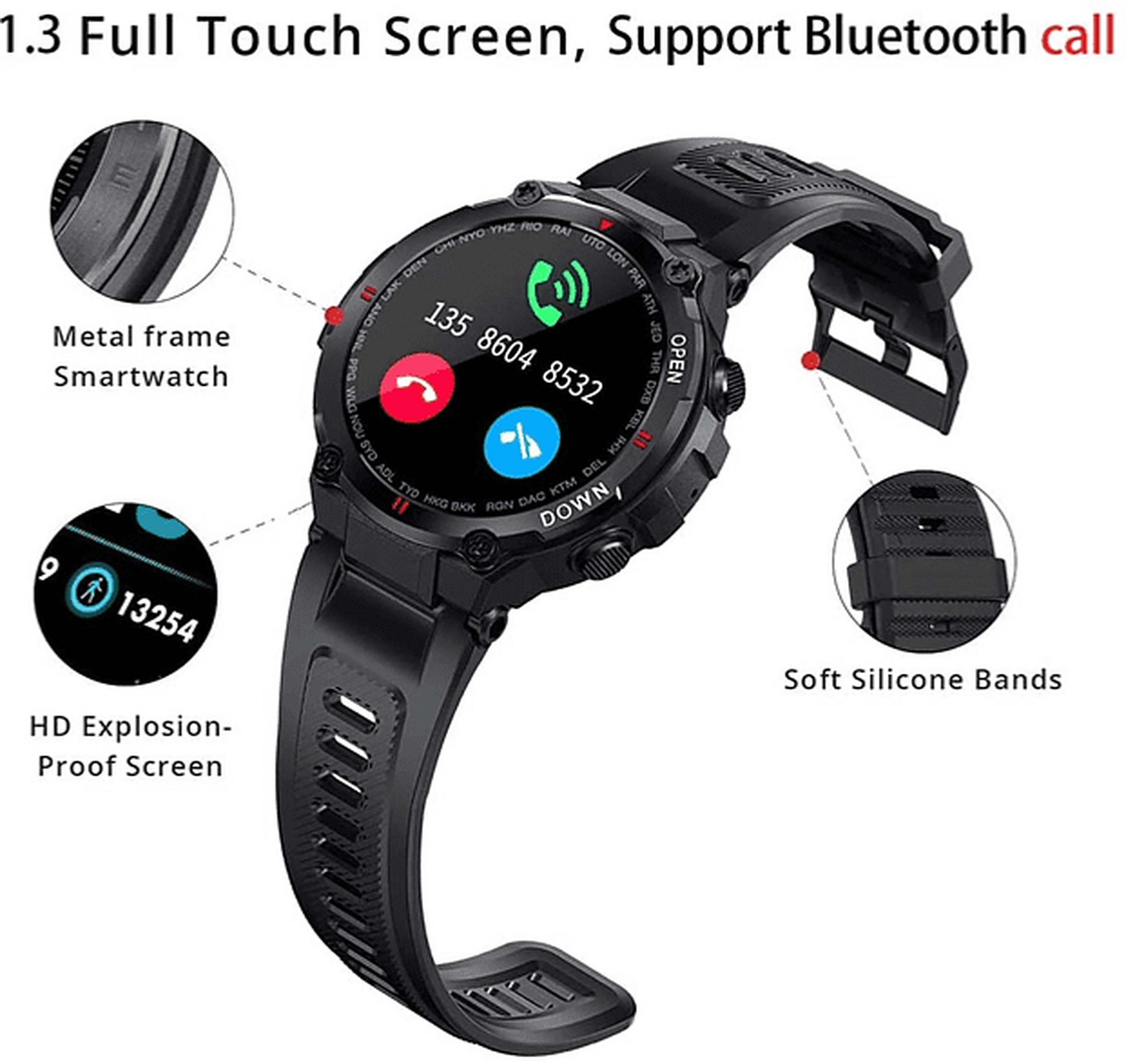 Smartwatch nero con schermo full touch, cinturini neri e sfondo nero.