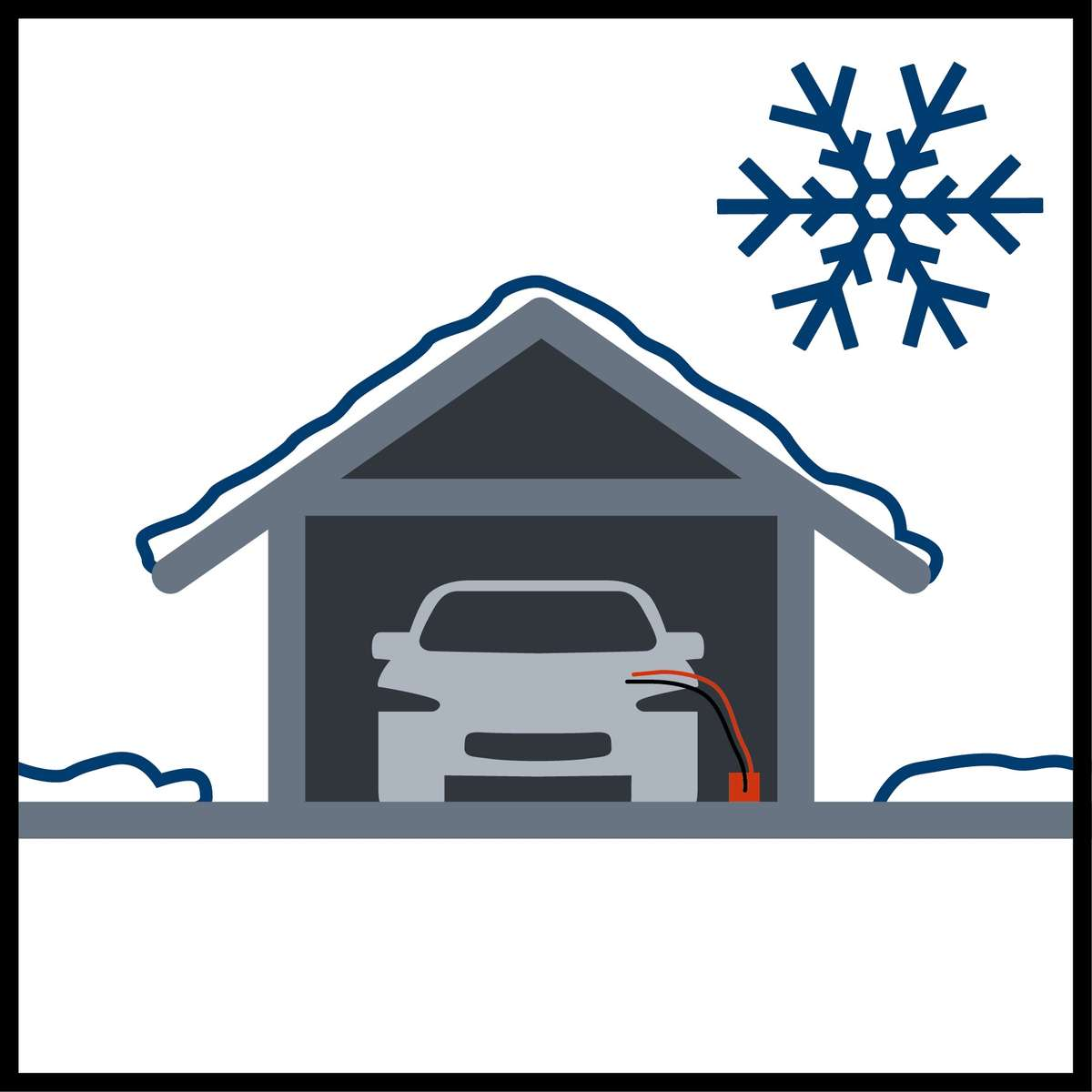 Auto in Garage während Schneefall. Schneeflocken-Grafik darüber.