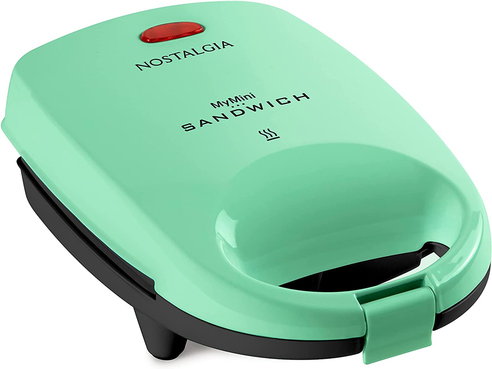 Sandwich maker Nostalgia MyMini verde menta con dettagli neri e luce rossa.