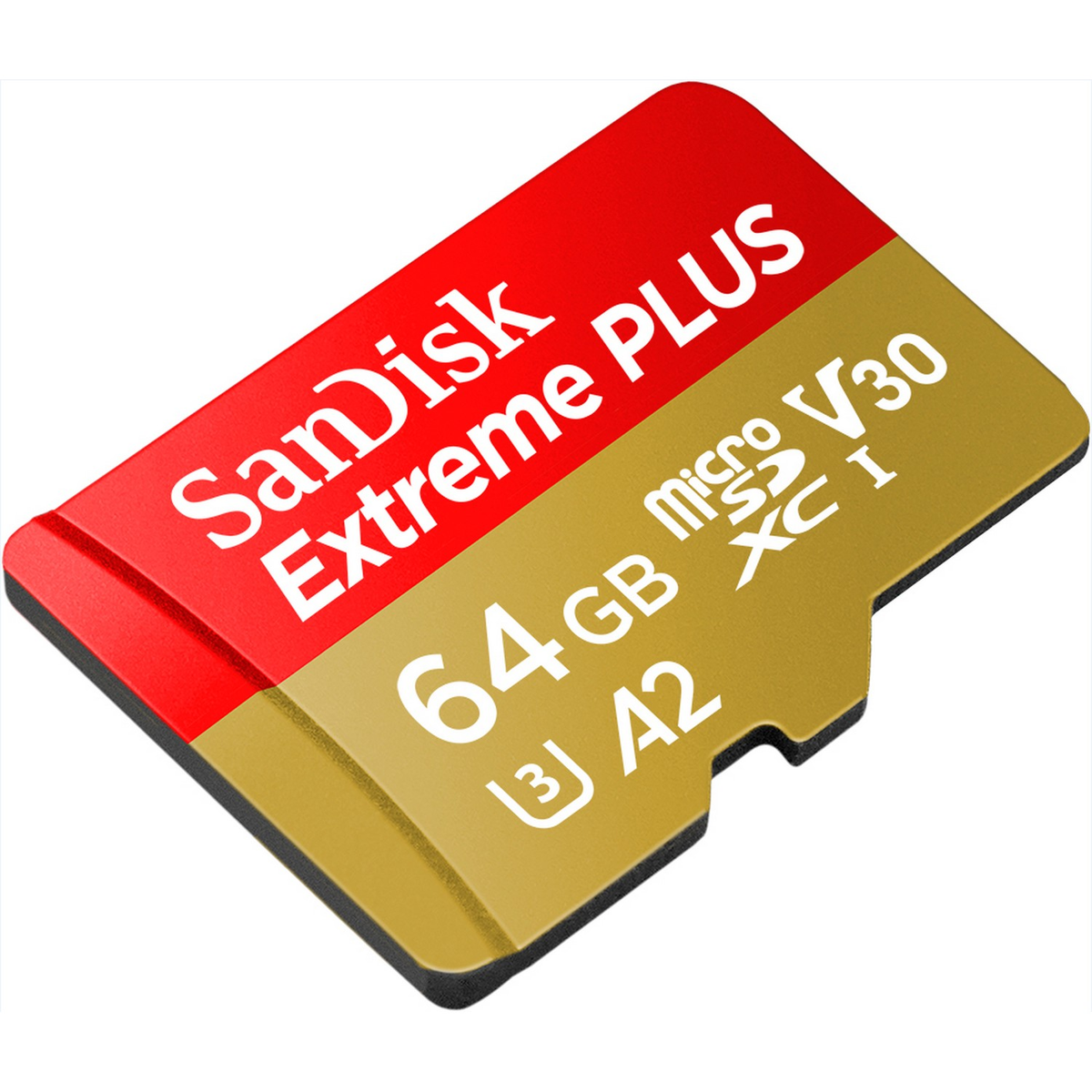 Une carte micro SD SanDisk Extreme PLUS rouge et or avec texte et spécifications.