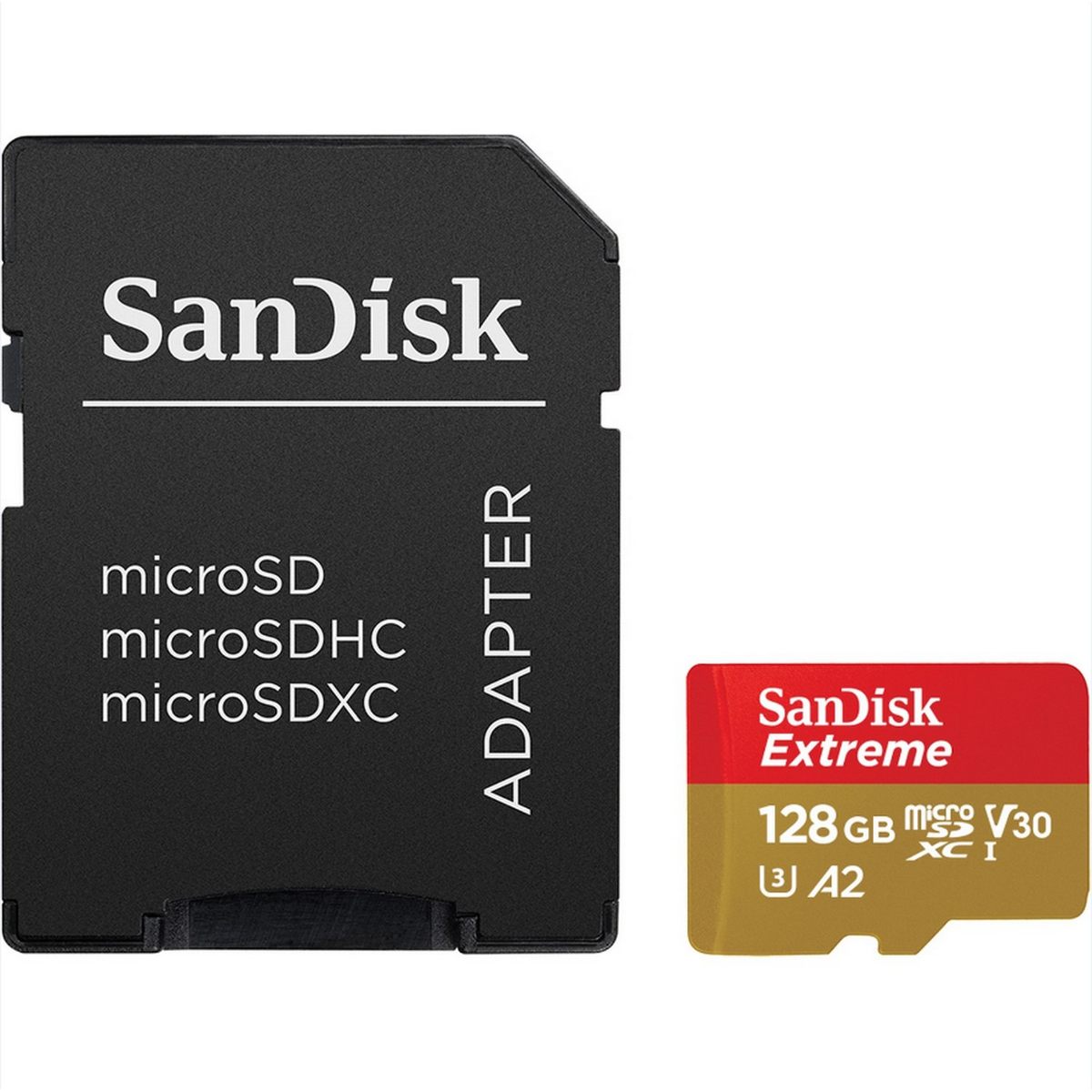 Karta SD i adapter SanDisk z tekstem: microSD, microSDHC, microSDXC i 128GB.