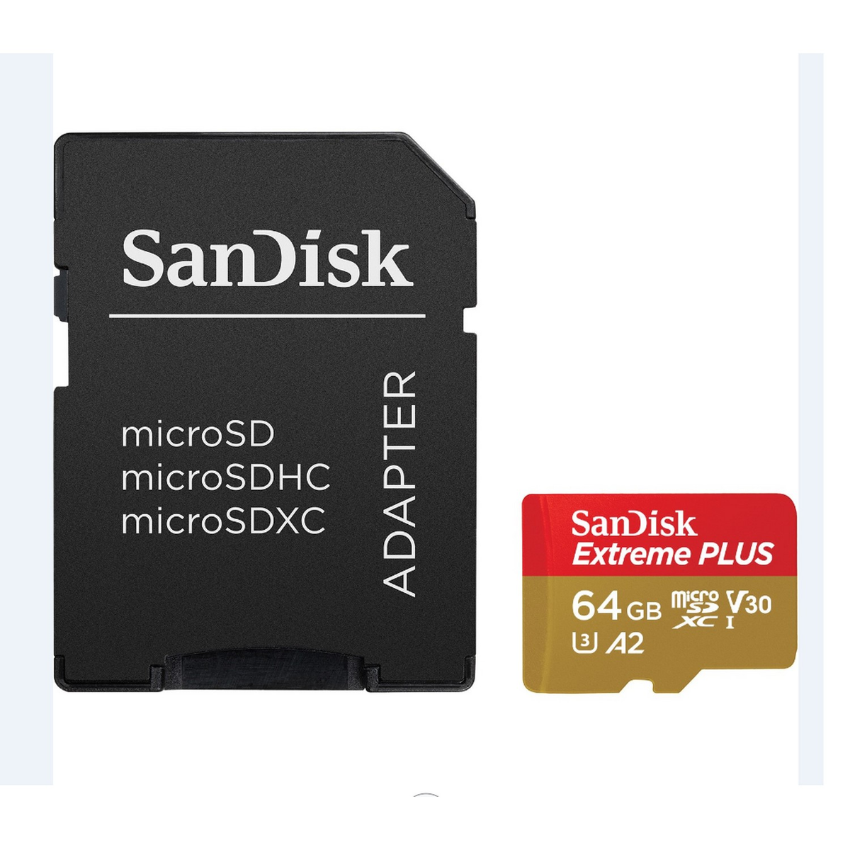 Adaptateur de carte microSD noir et carte microSD rouge/or sur fond blanc.