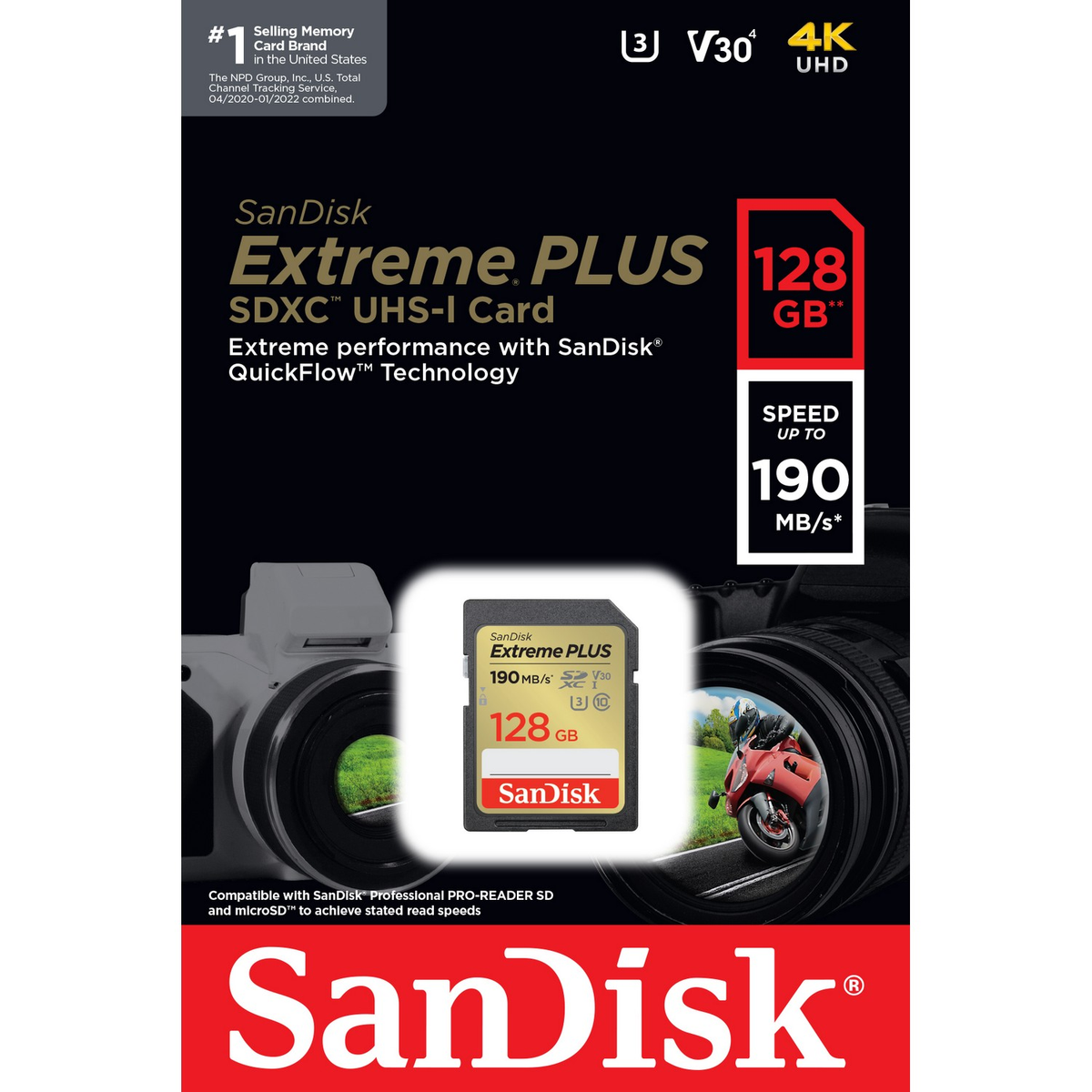 Carte SDXC Sandisk Extreme Plus, 128 Go, emballage noir et rouge avec images d'appareil photo.