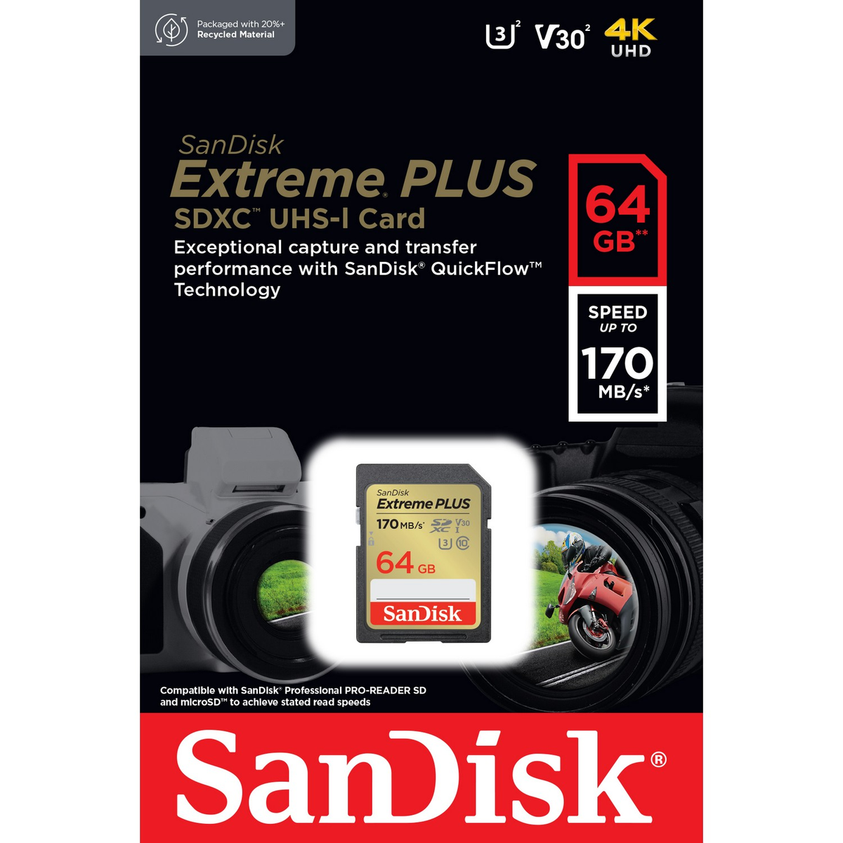 Scheda SD SanDisk Extreme PLUS. Testo su sfondo bianco e nero.