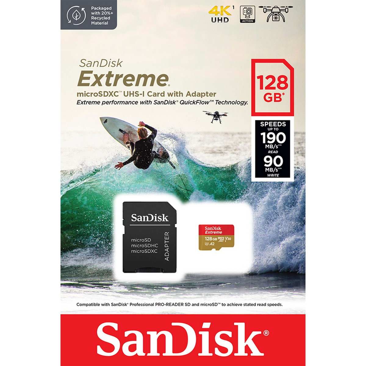 Karta microSD SanDisk Extreme z adapterem. Pokazuje kartę, opakowanie i surfera.