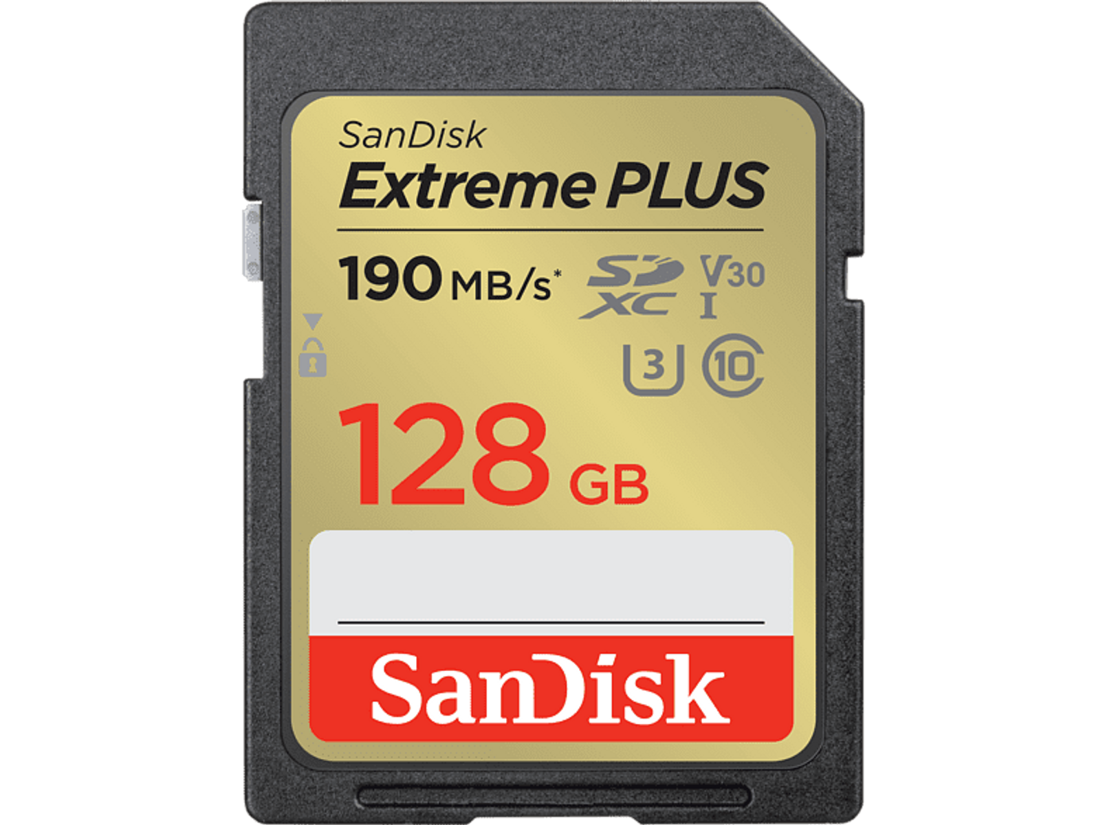 Carte SD avec surface dorée. Textes : SanDisk Extreme PLUS, 128 Go, 190 Mo/s.