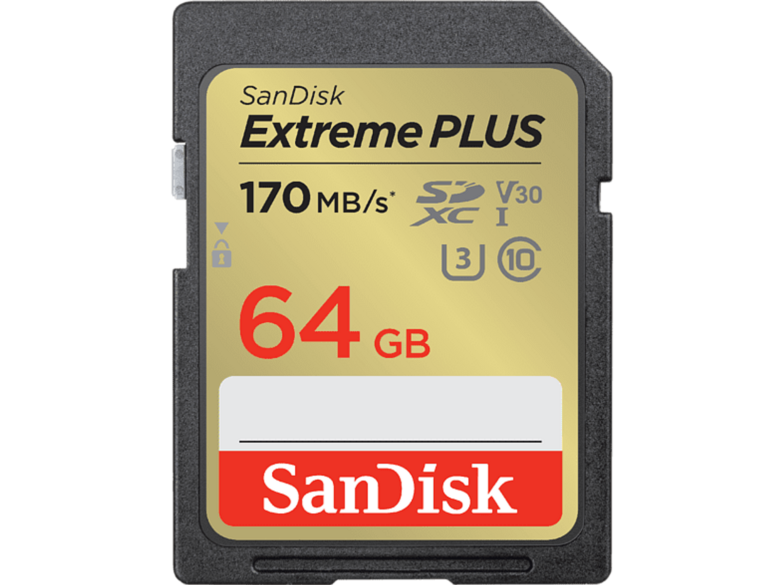Una scheda SD SanDisk Extreme PLUS dorata con testo e numeri.