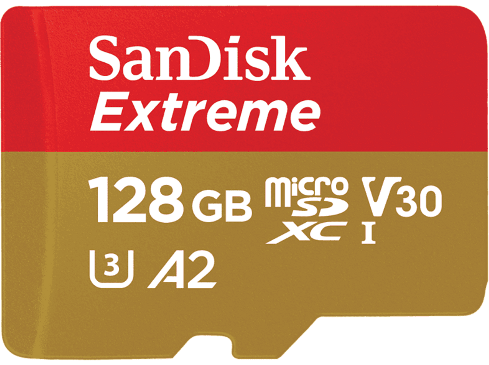 Karta micro SD SanDisk Extreme w kolorach czerwonym i złotym, z tekstem i logo.