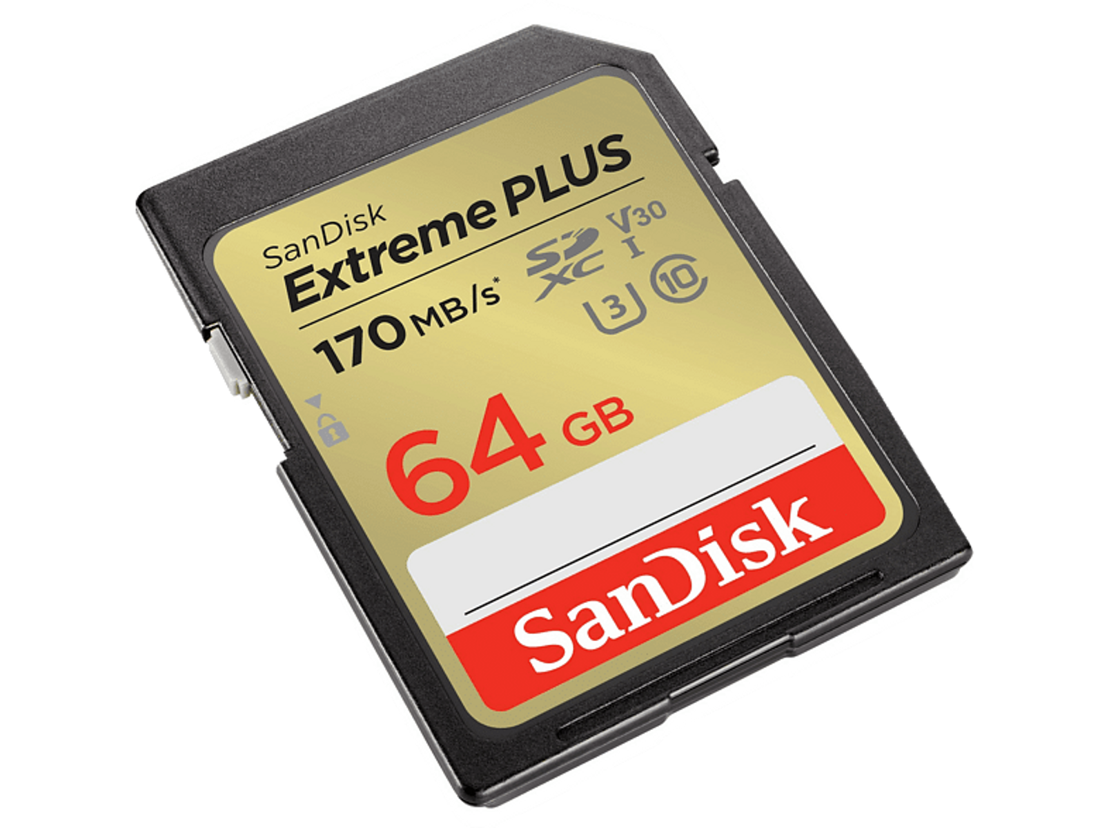 Scheda SD Sandisk Extreme Plus 64GB, nera e oro, vista angolata.