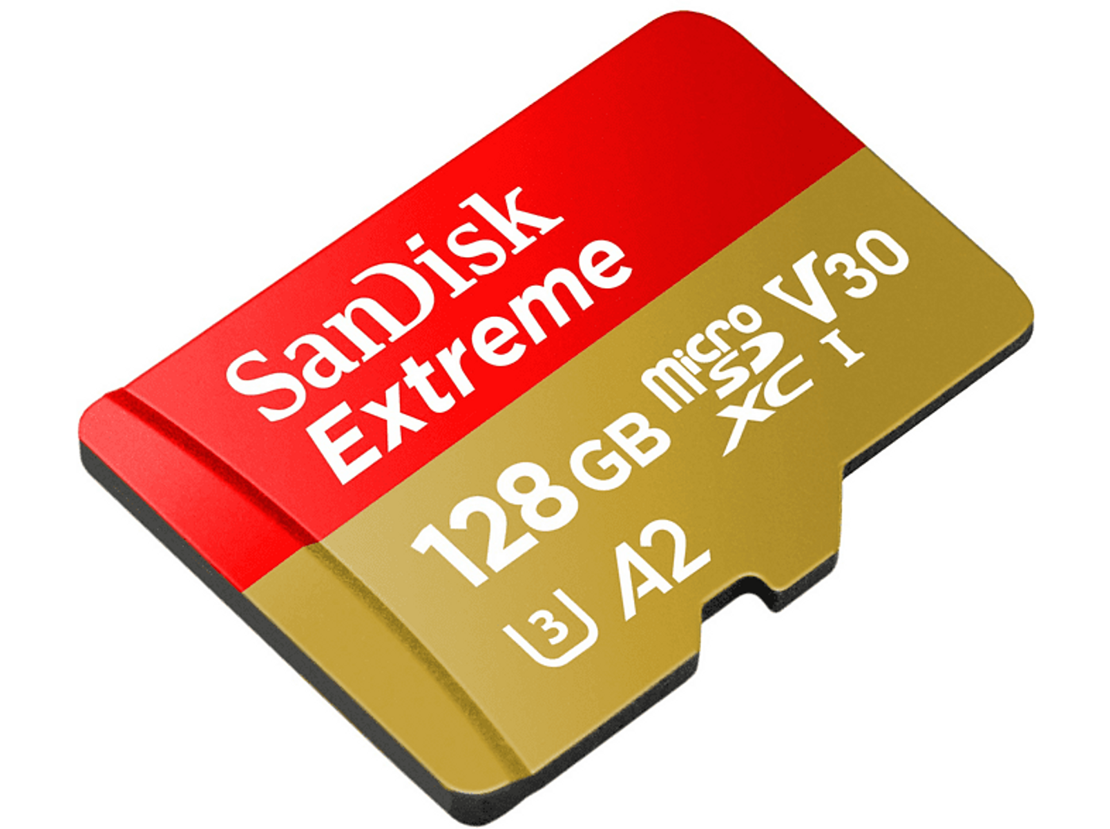 Czerwona i złota karta micro SD SanDisk Extreme.