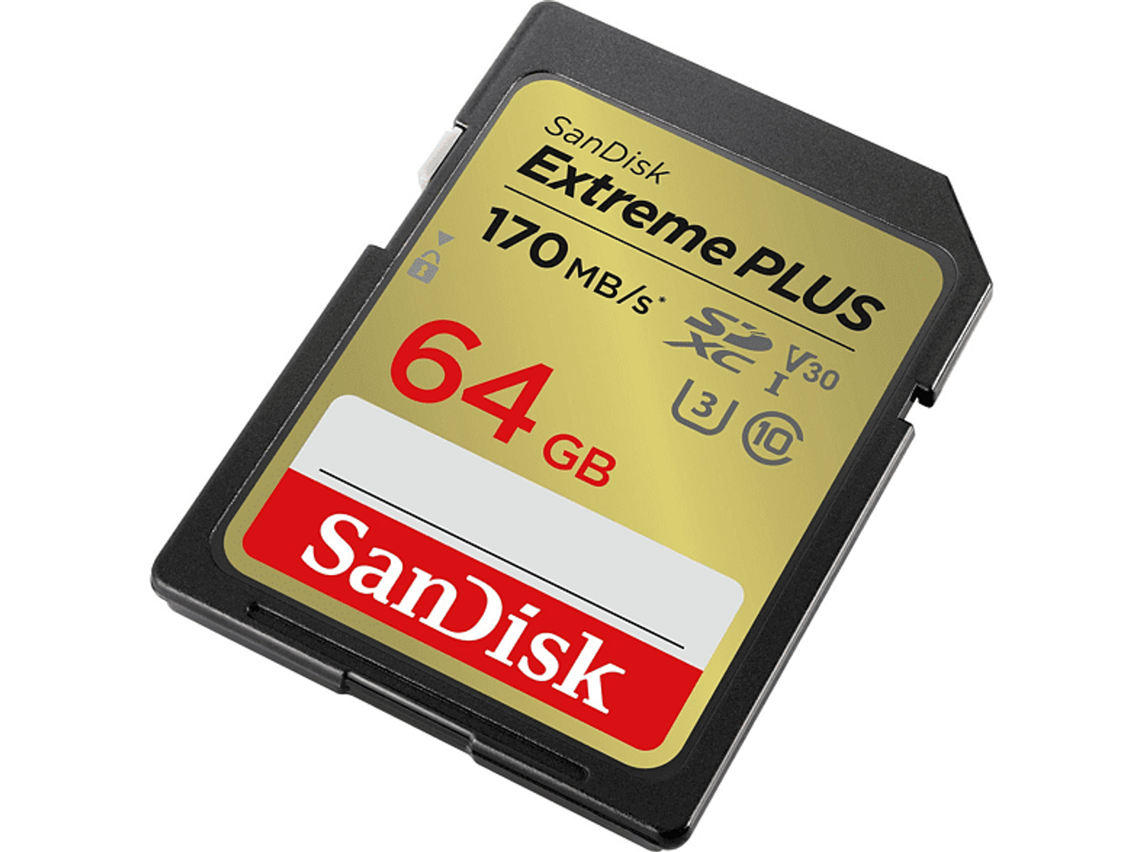 Scheda SD Sandisk Extreme Plus, 64GB, design nero e oro.